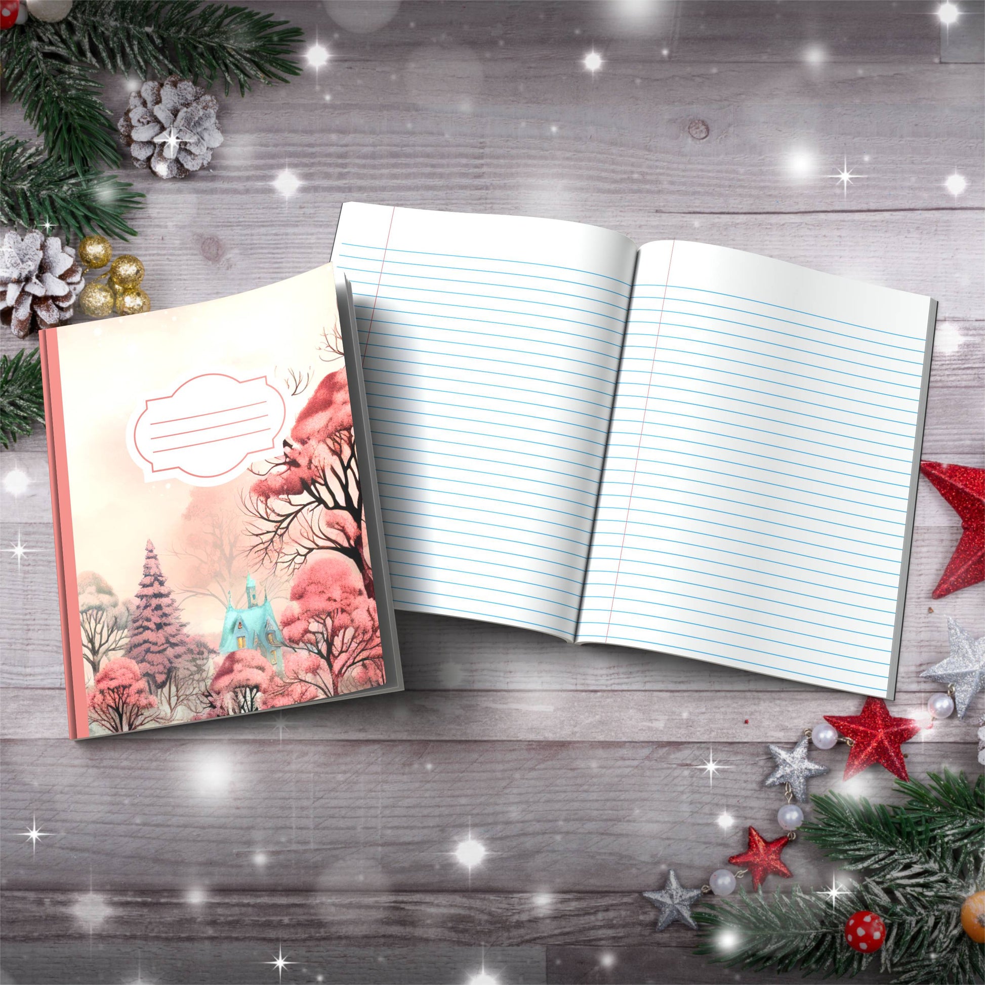 Pastel red strawberry trees with cottage Christmas notebook, paperback journal for mindfulness and journaling