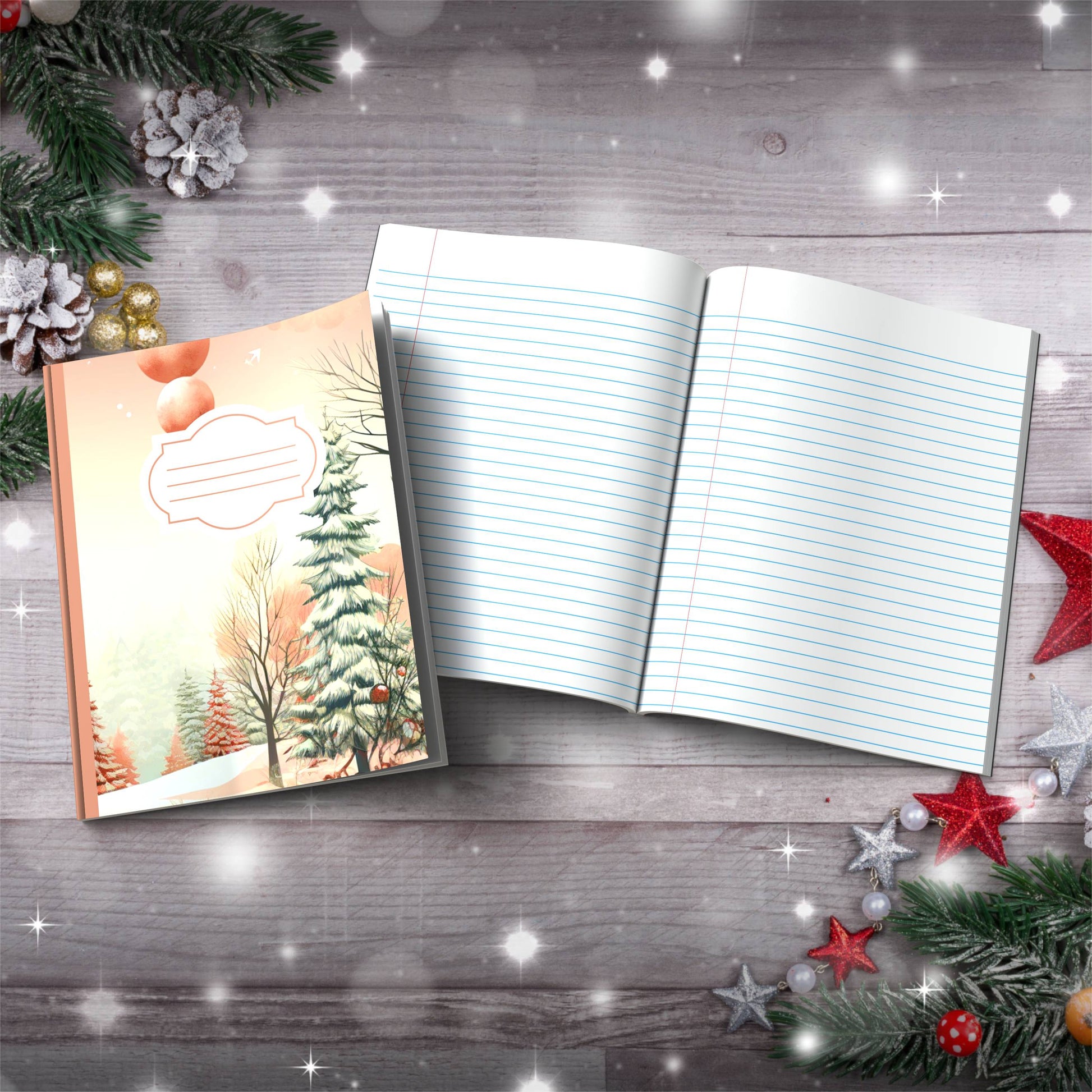 Pastel creamy orange winter trees and sky Christmas notebook, paperback journaling gift