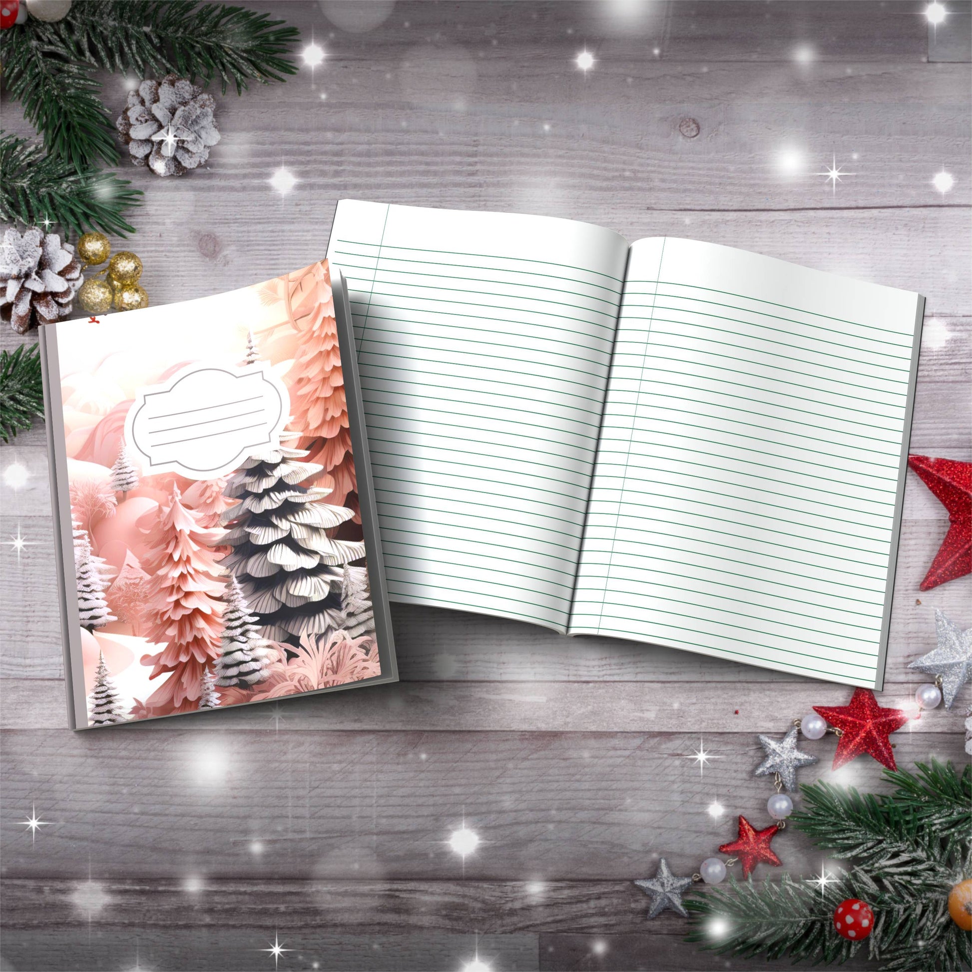 Strawberry and grey winter pine trees Christmas notebook, paperback journaling journal for self-care