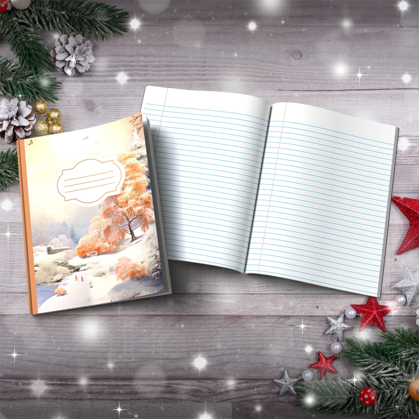Pastel grey and orange winter wonderland Christmas composition notebook, paperback journaling gift