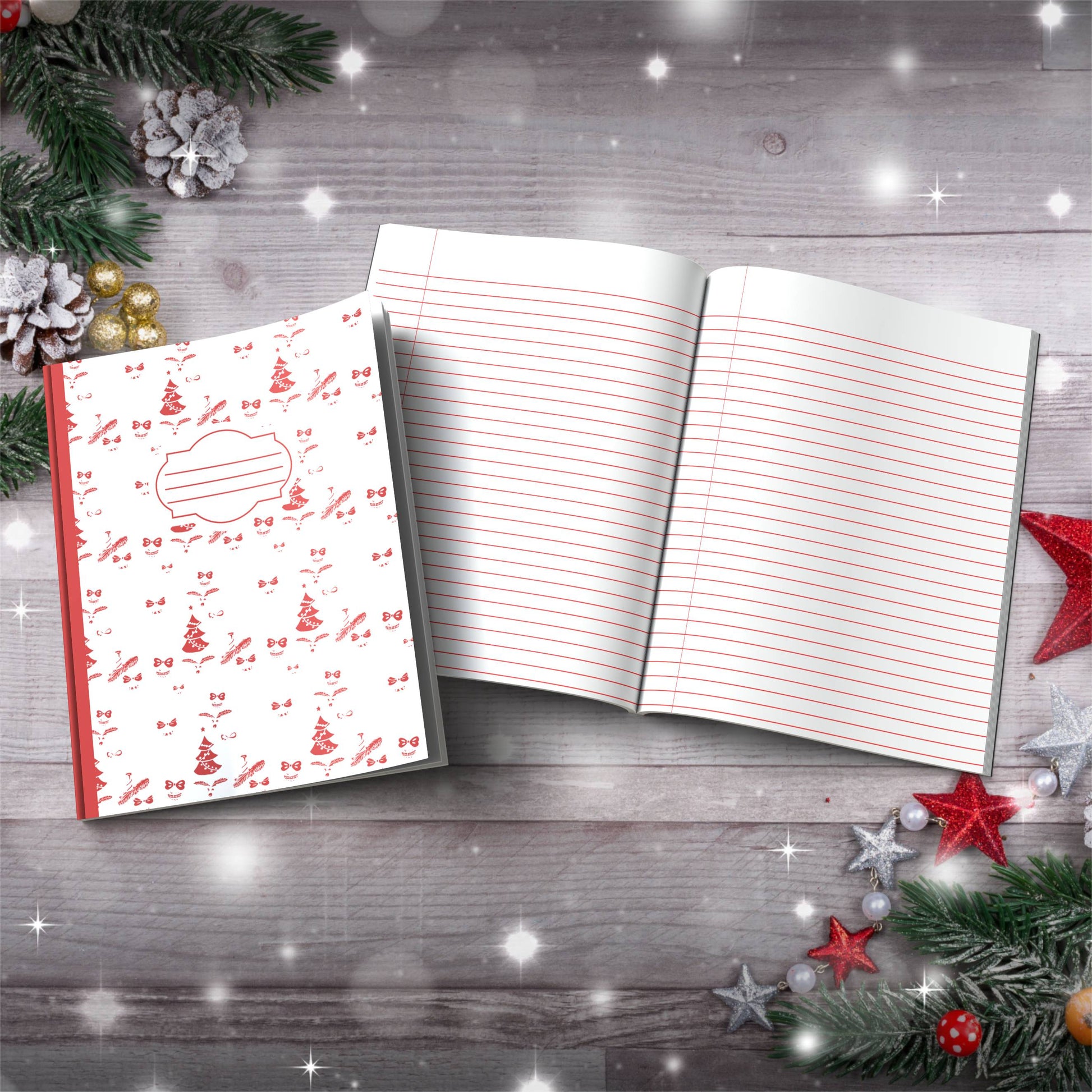 Crimson Holiday Trees & Ornaments Paperback Christmas Composition Notebook for mindful writing and holiday gifts