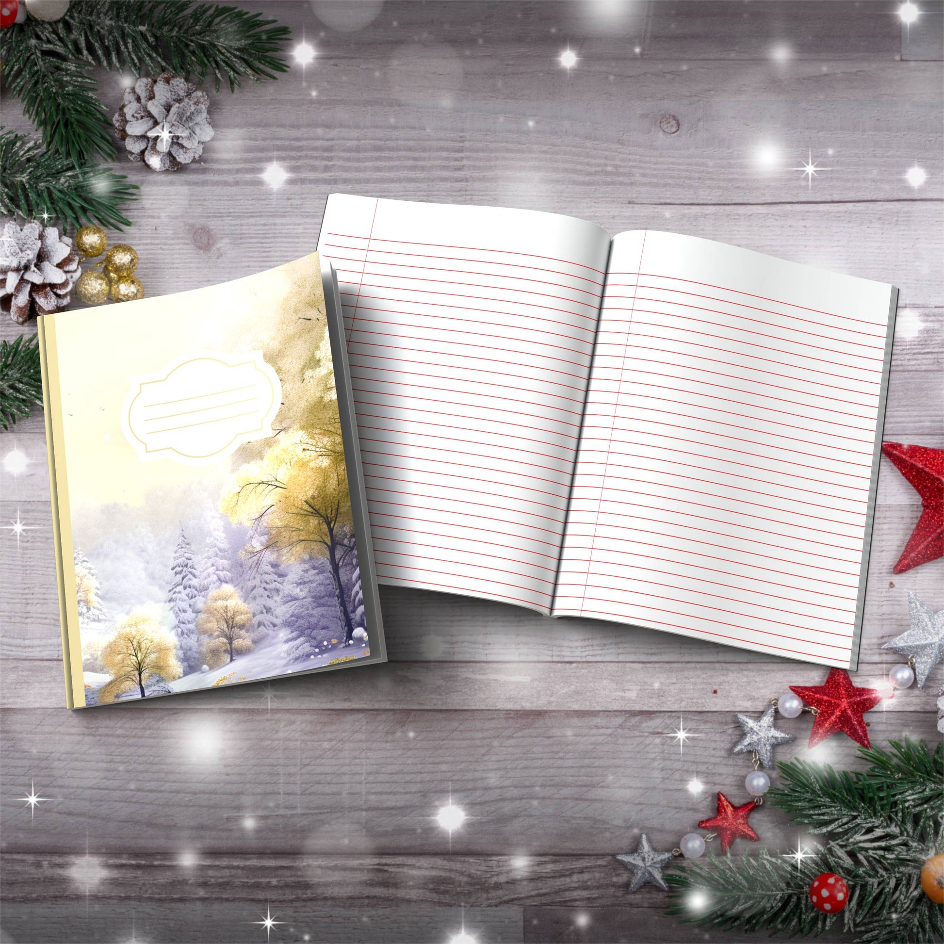 Pastel grey and yellow winter castle Christmas notebook, paperback journal for self-care and writing