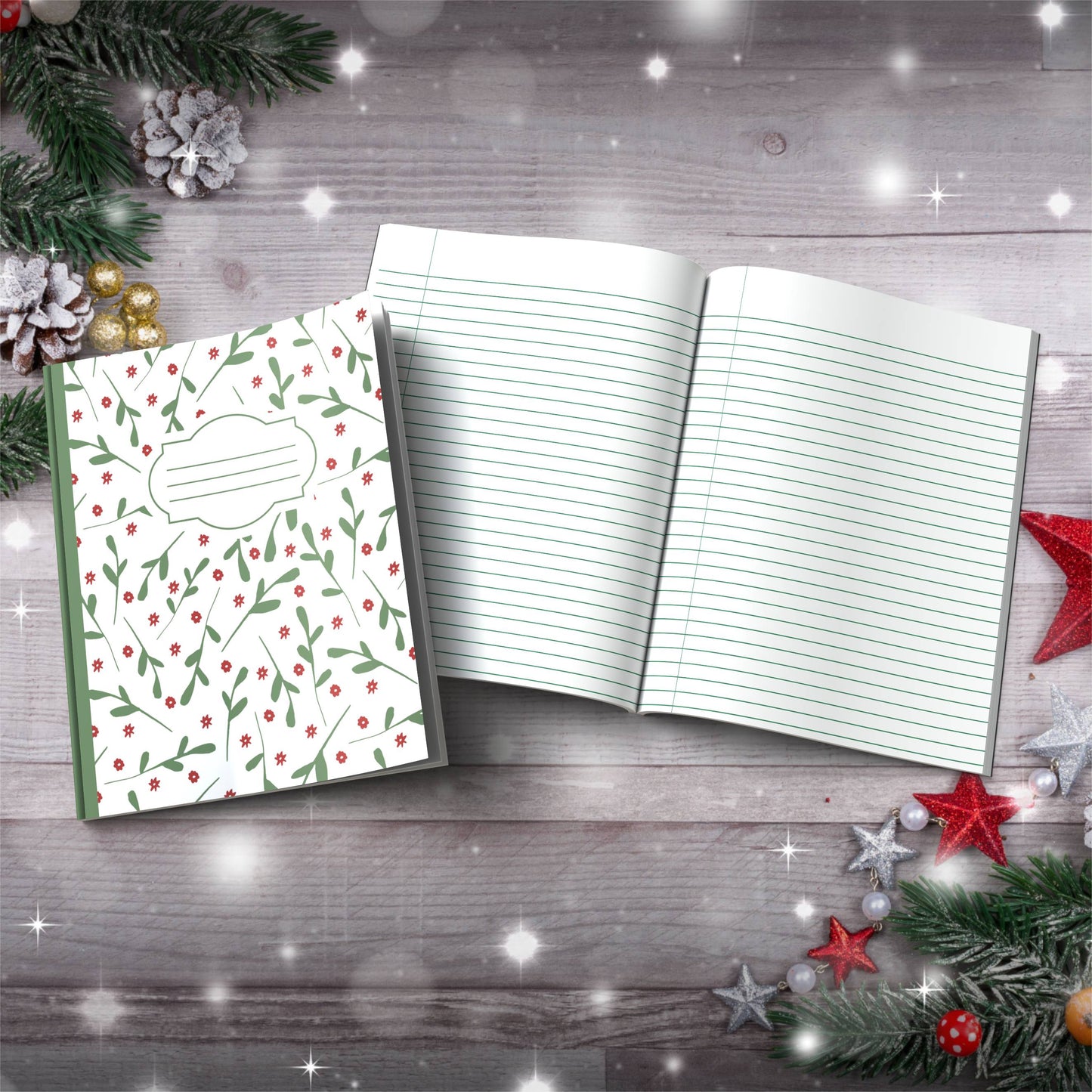 Olive & Red Trees with Snowflake Accents Paperback Christmas Composition Notebook for festive writing and holiday journaling