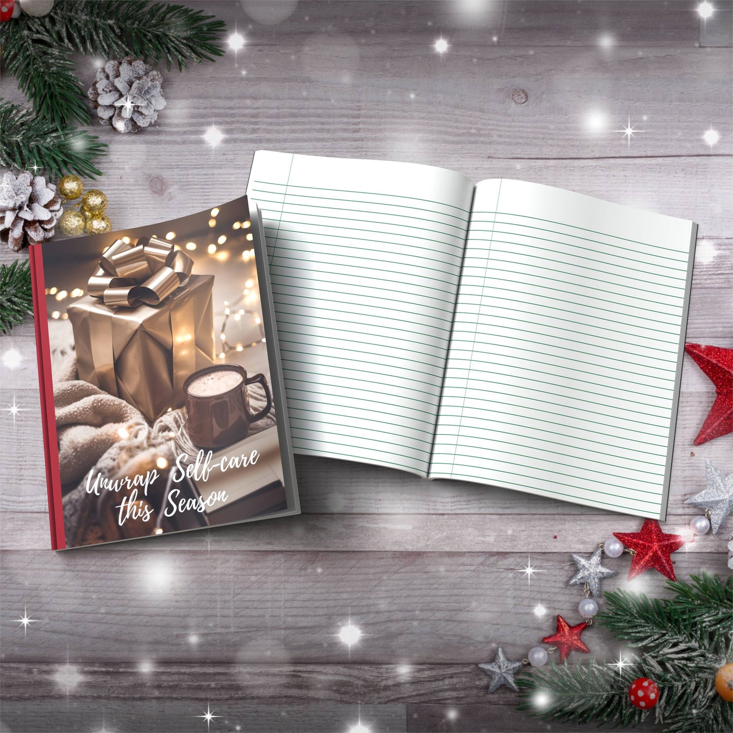 Unwrap Self-Care This Season Mindful Paperback Christmas Composition Notebook for holiday journaling and festive gifts