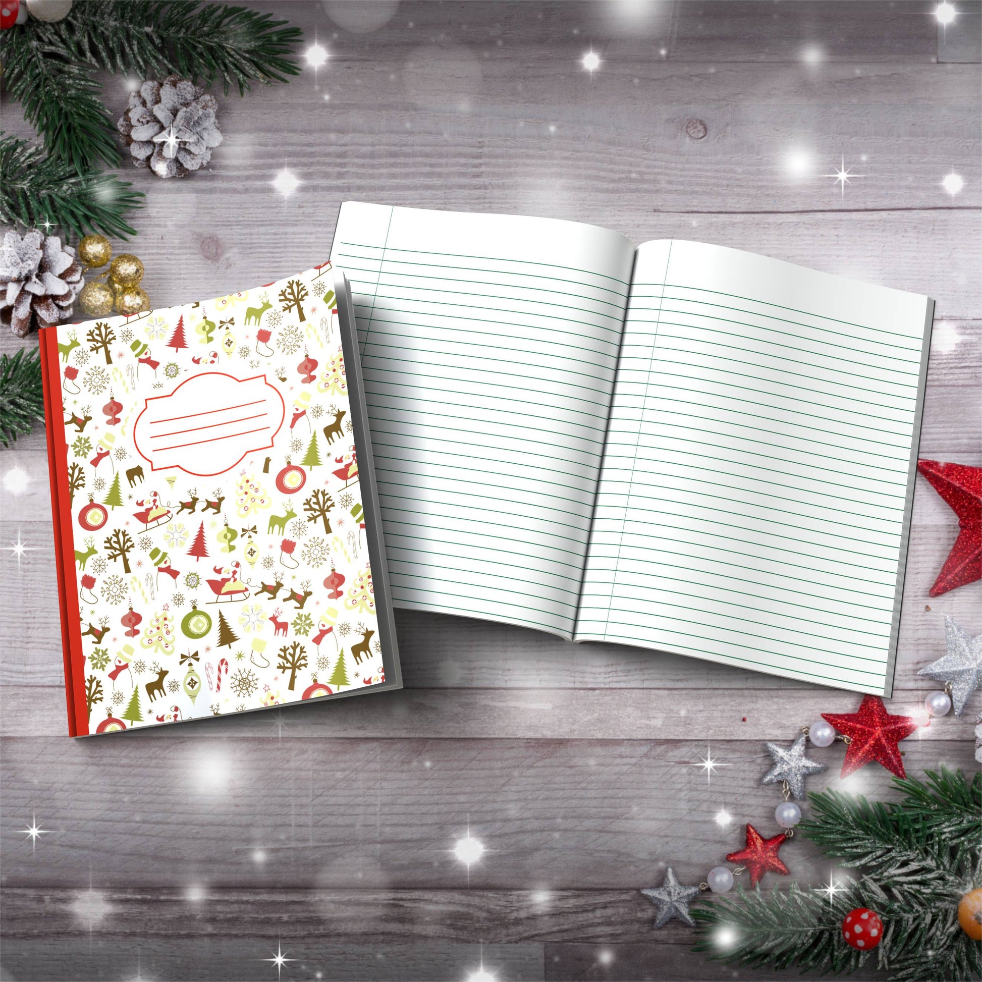 Santa, Stockings, Snowflakes & Stars Paperback Christmas Composition Notebook for journaling and holiday gift ideas
