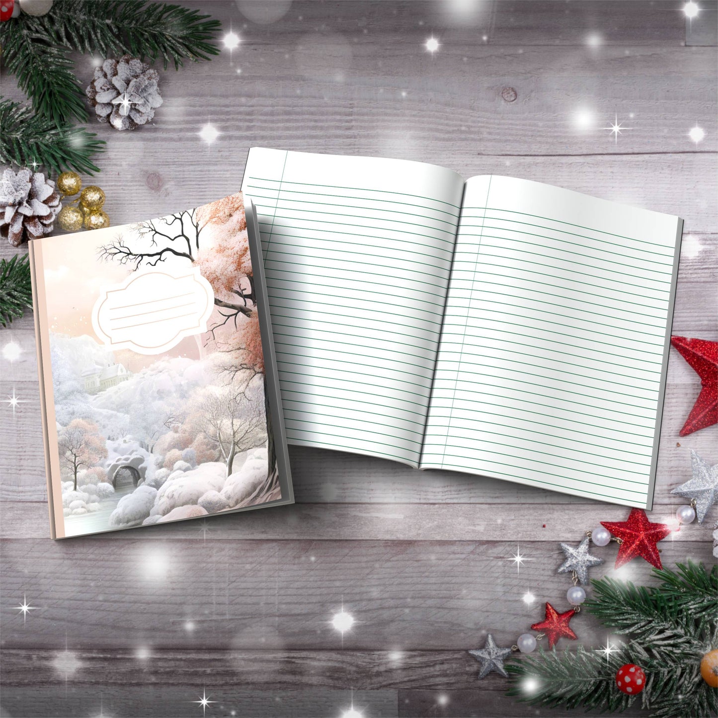 Coffee and cream winter wonderland with castle Christmas notebook, paperback journal for mindfulness
