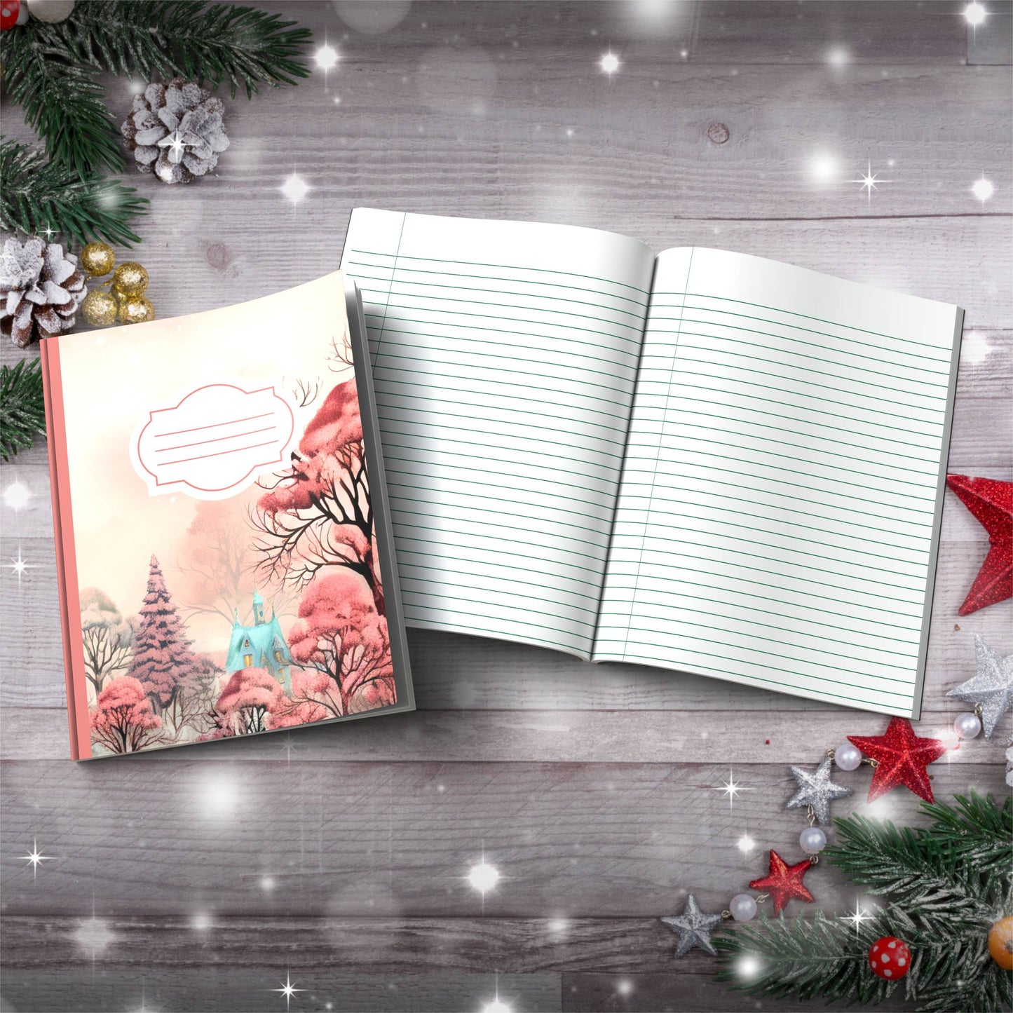 Pastel red strawberry trees with cottage Christmas notebook, paperback journal for mindfulness and journaling