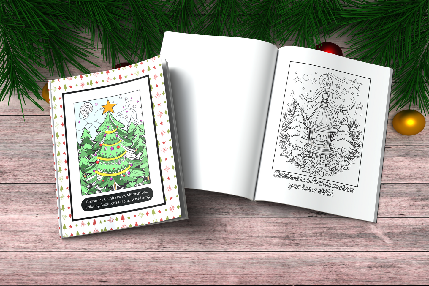 Christmas affirmation coloring book with cozy holiday illustrations