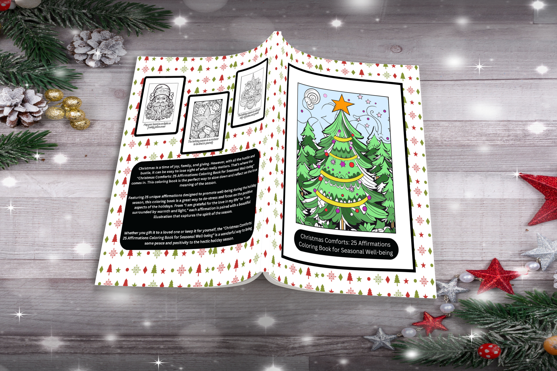 Christmas affirmation coloring book with cozy holiday illustrations