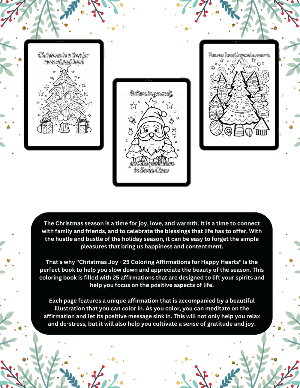 Christmas holiday coloring book with joyful affirmations
