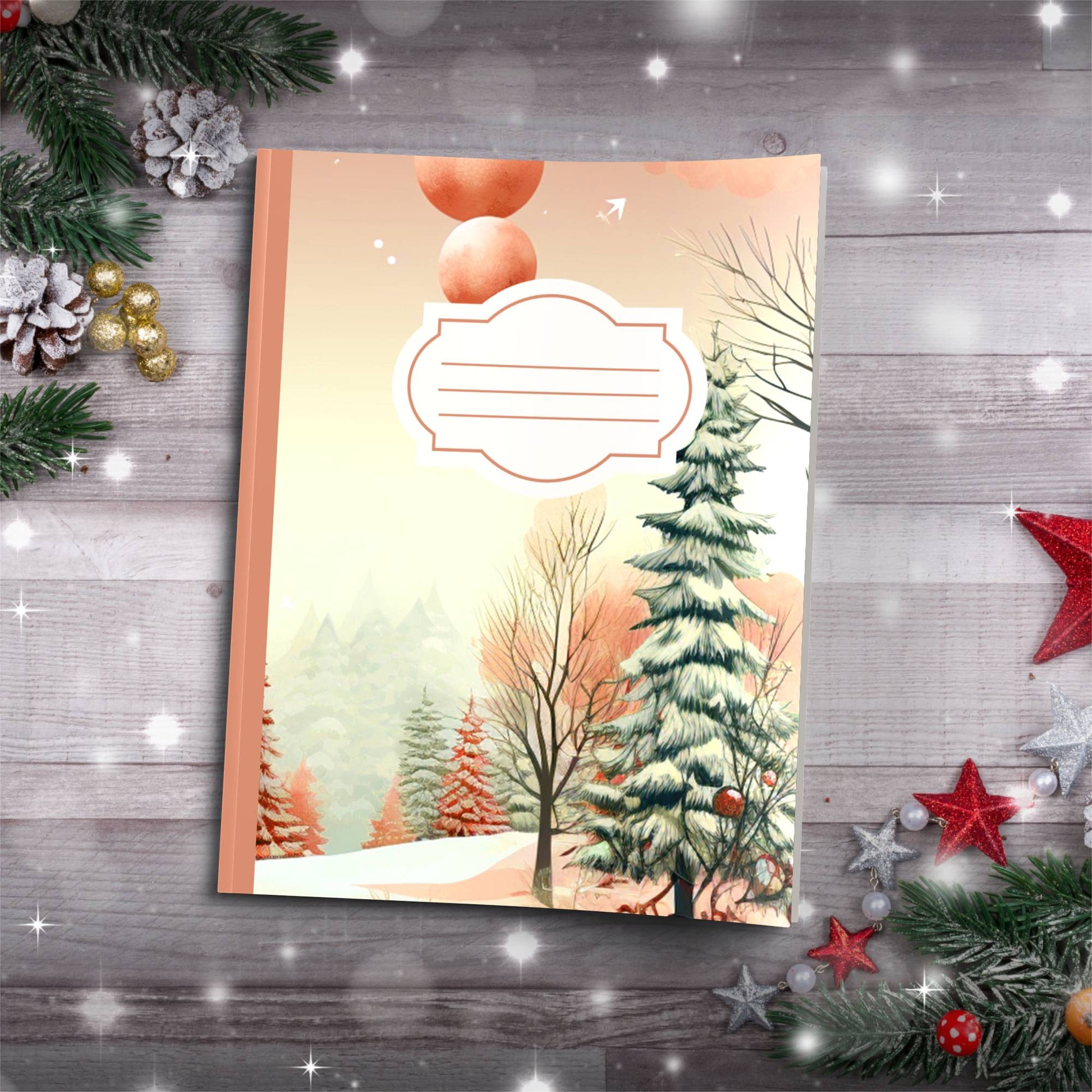Pastel creamy orange winter trees and sky Christmas notebook, paperback journaling gift