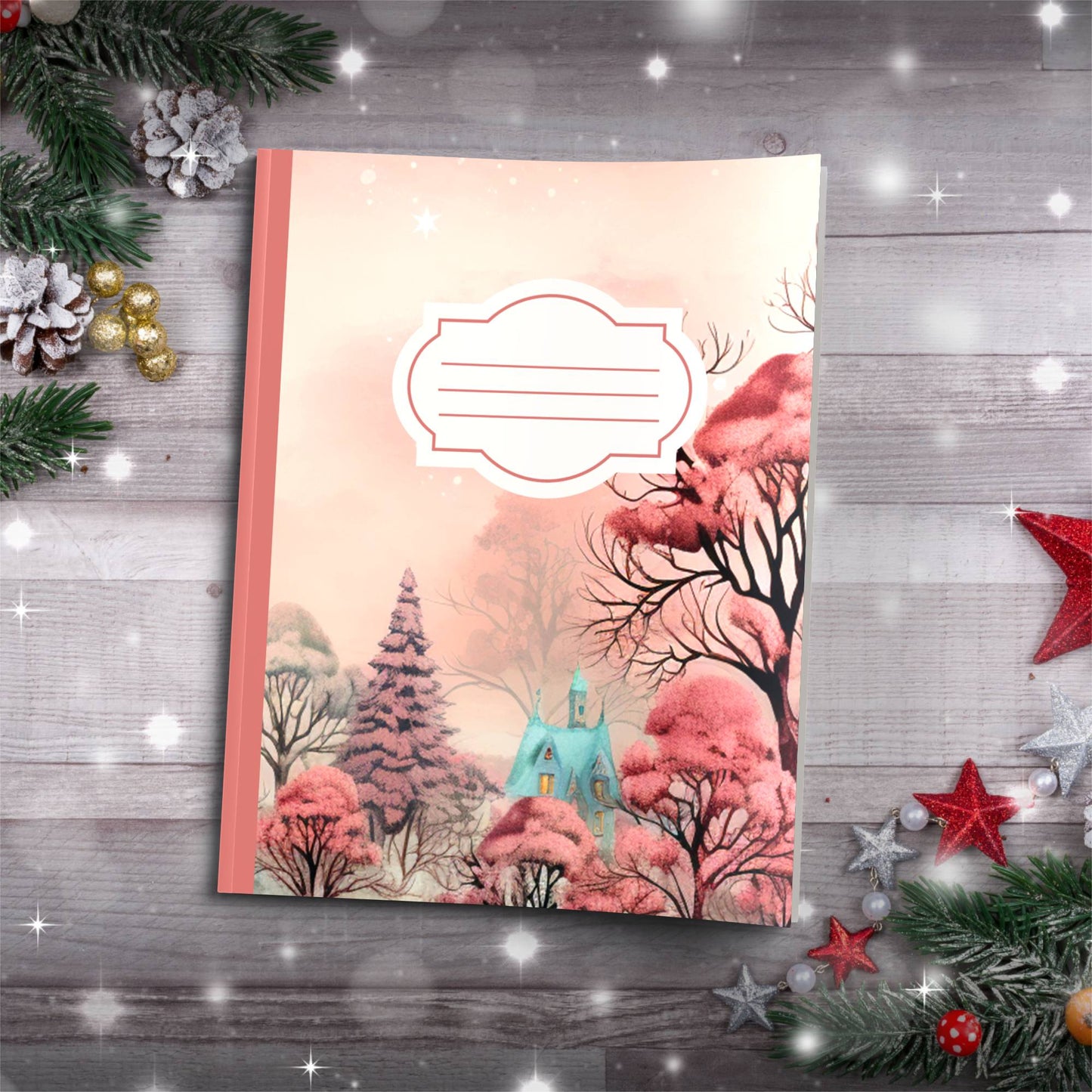 Pastel red strawberry trees with cottage Christmas notebook, paperback journal for mindfulness and journaling