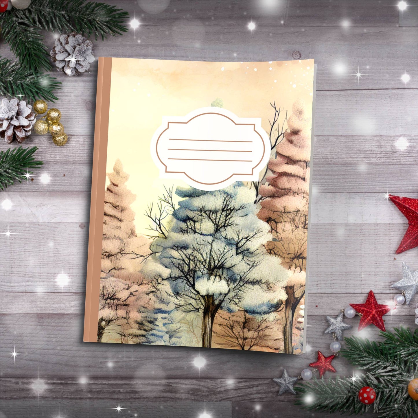 Pastel blue and pink winter sky with trees Christmas notebook, paperback journal for self-care
