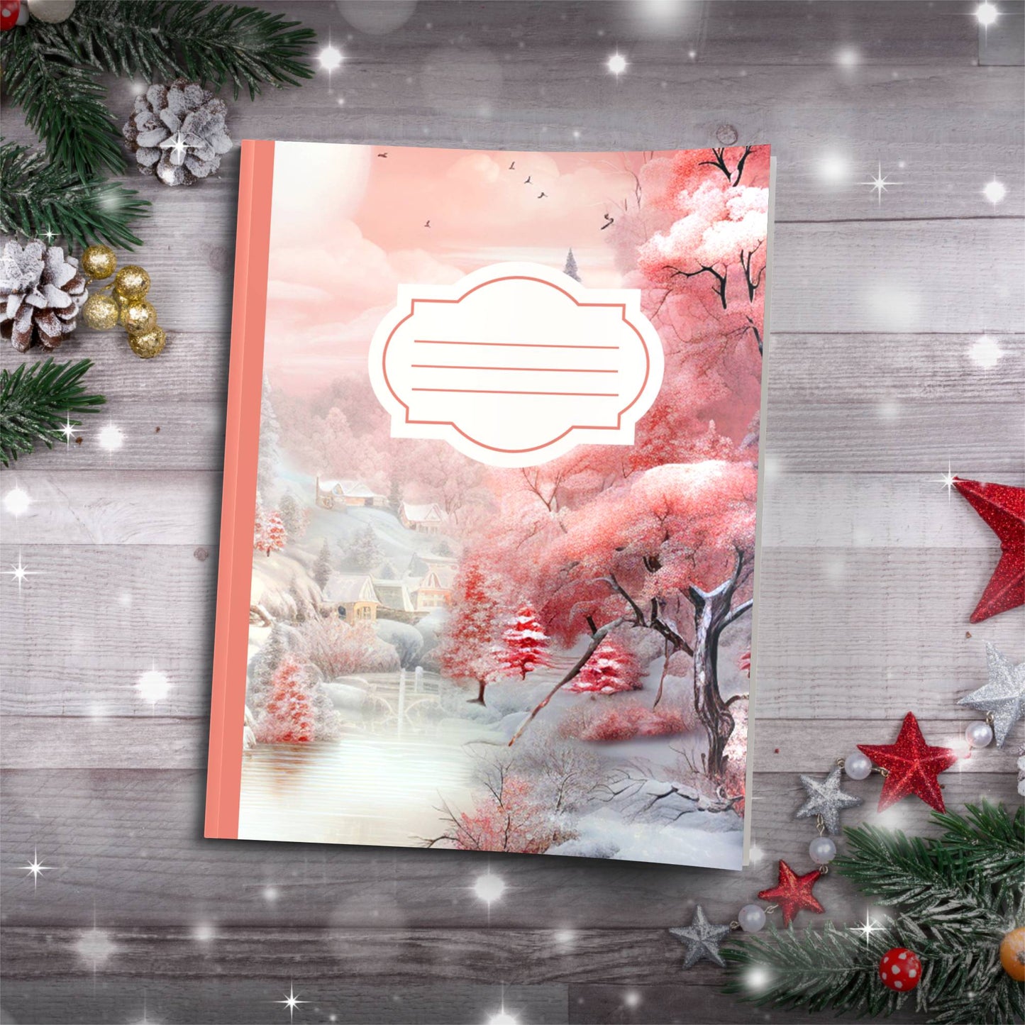 Winter strawberry lake with houses Christmas composition notebook, paperback journaling journal