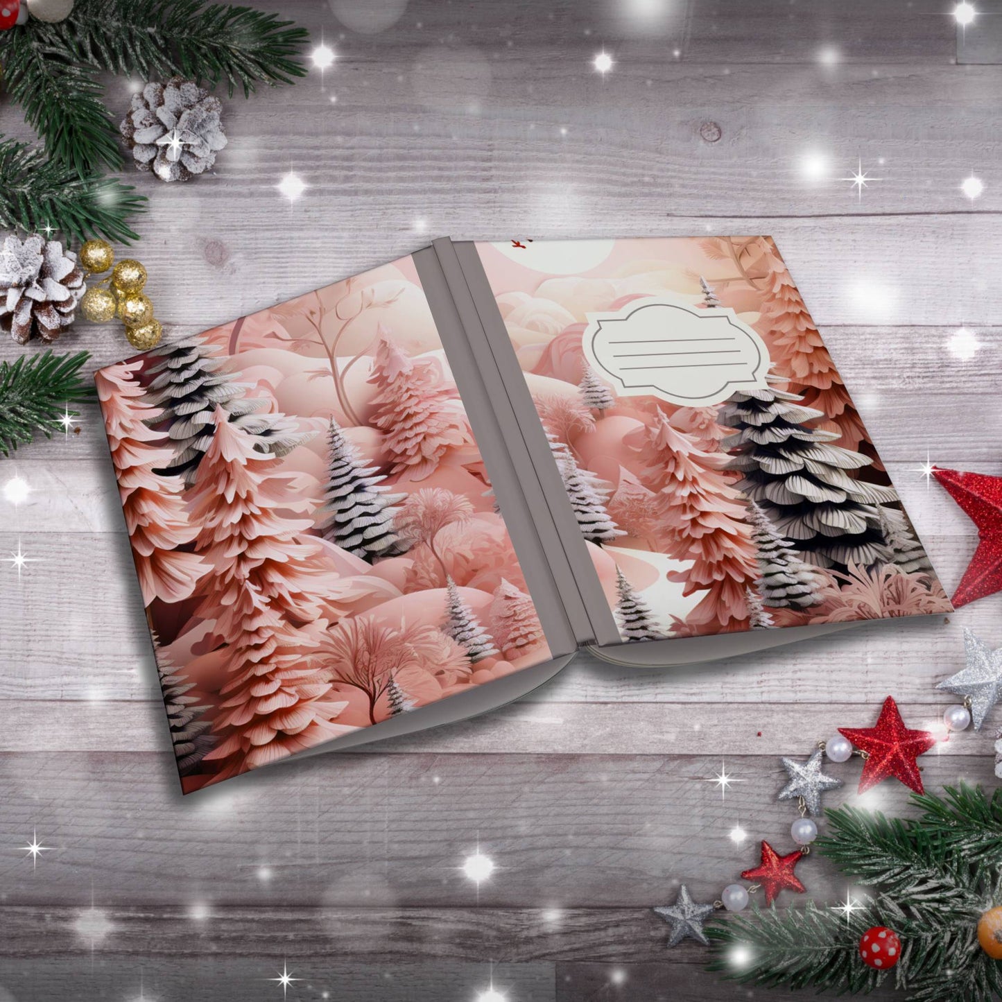 Strawberry and grey winter pine trees Christmas notebook, paperback journaling journal for self-care