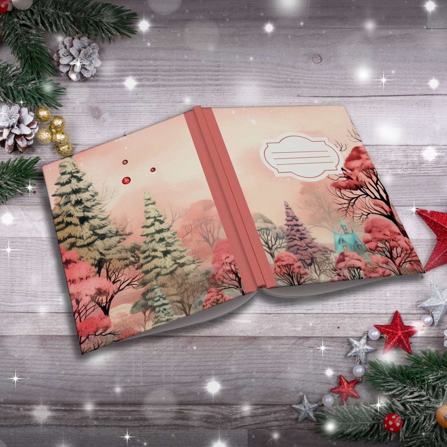 Pastel red strawberry trees with cottage Christmas notebook, paperback journal for mindfulness and journaling