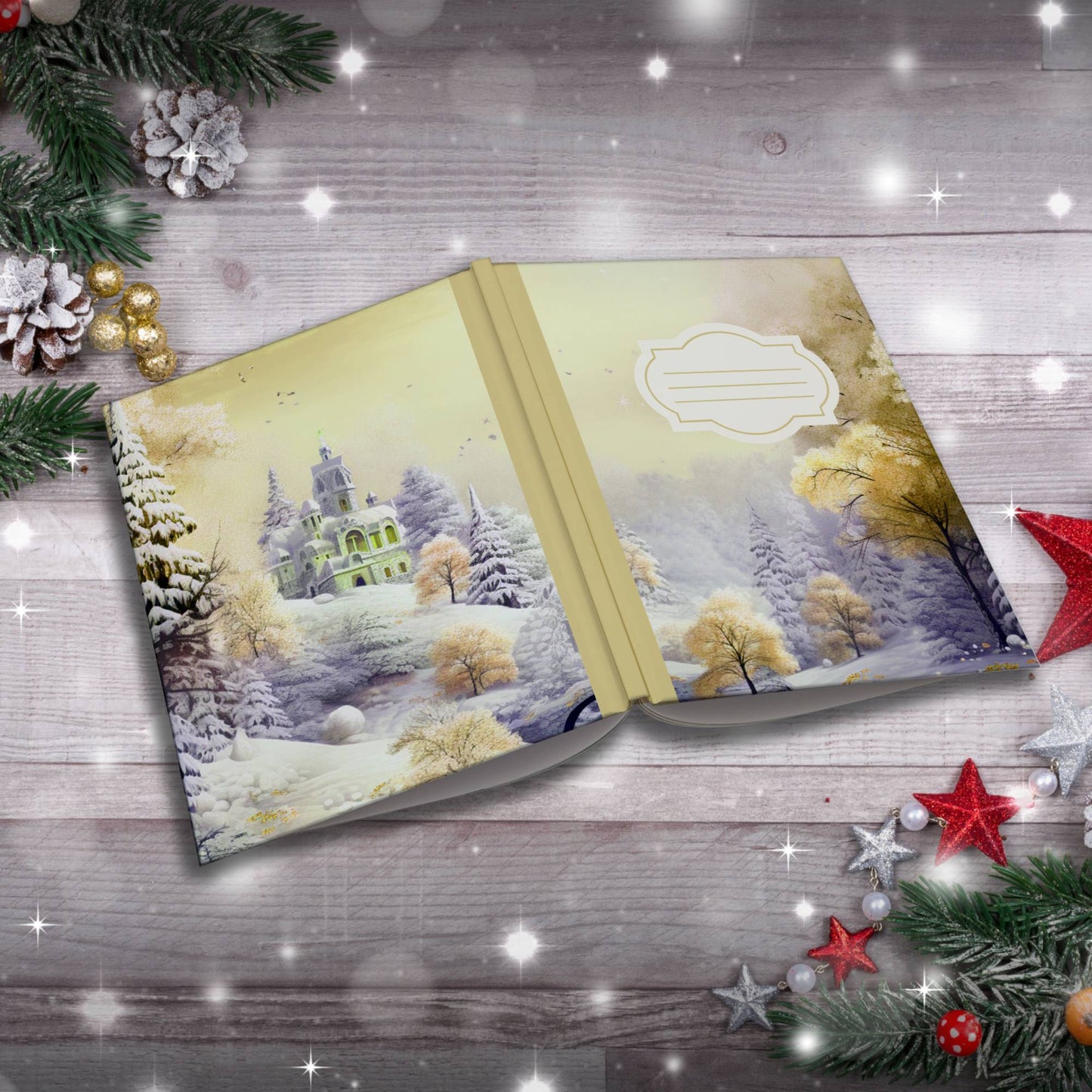 Pastel grey and yellow winter castle Christmas notebook, paperback journal for self-care and writing