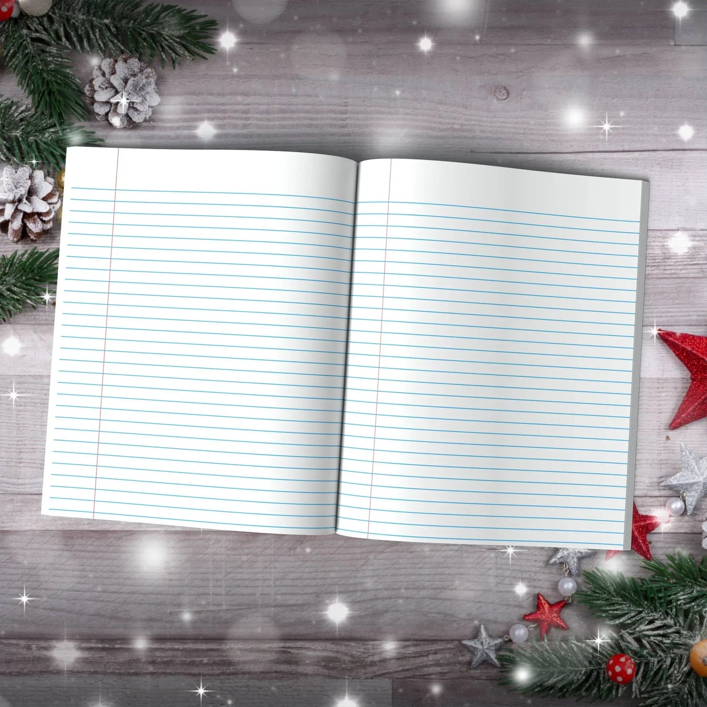Olive and red Christmas composition notebook with holiday trees and snowflake accents for festive seasonal writing