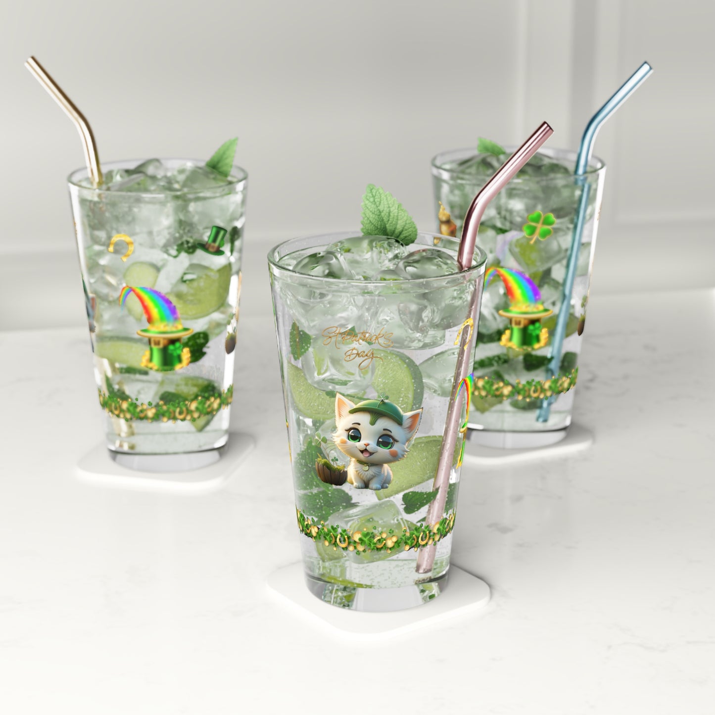 Clover Comfort Cat: Mindful St. Patrick's Day 16oz Pint Glasses - Festive Design for Positivity & Wellness