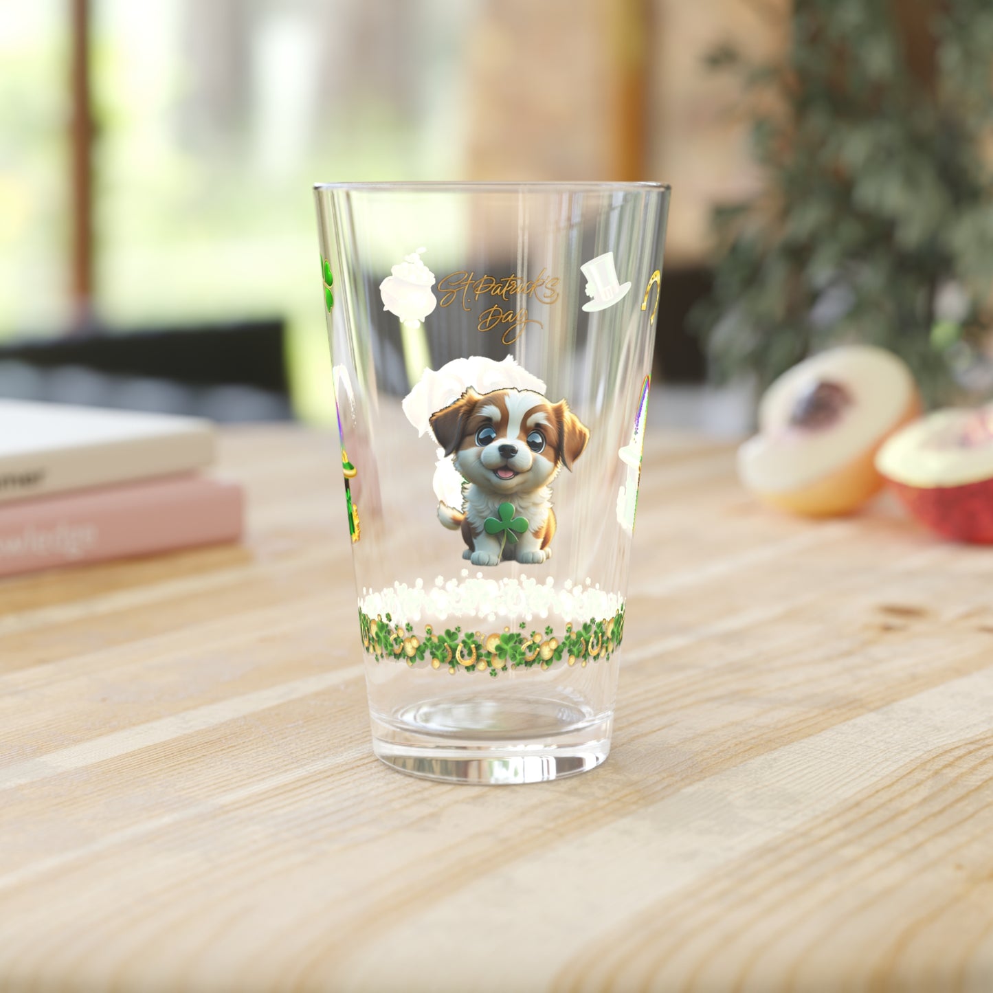 Clover Cuddles Canine: Mindful St. Patrick's Day 16oz Pint Glasses - Festive Design for Positivity & Wellness