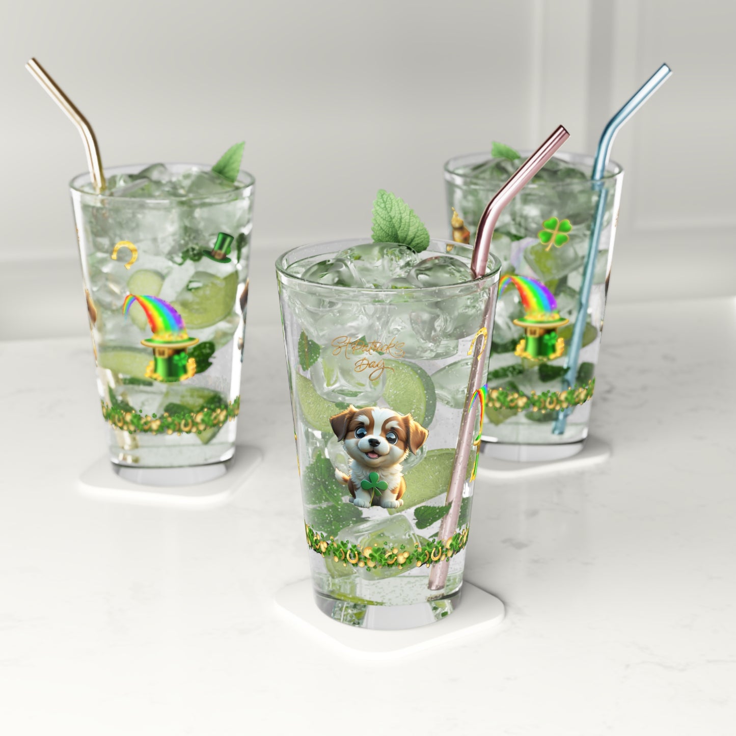 Clover Cuddles Canine: Mindful St. Patrick's Day 16oz Pint Glasses - Festive Design for Positivity & Wellness