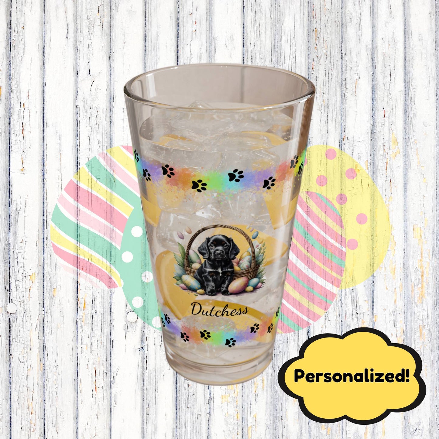 Cocker Spaniel (Black) Personalized Easter Puppy 16oz Pint Glass - Custom Dog Design, Mental Health Gift, Easter Décor, and Festive Celebrations