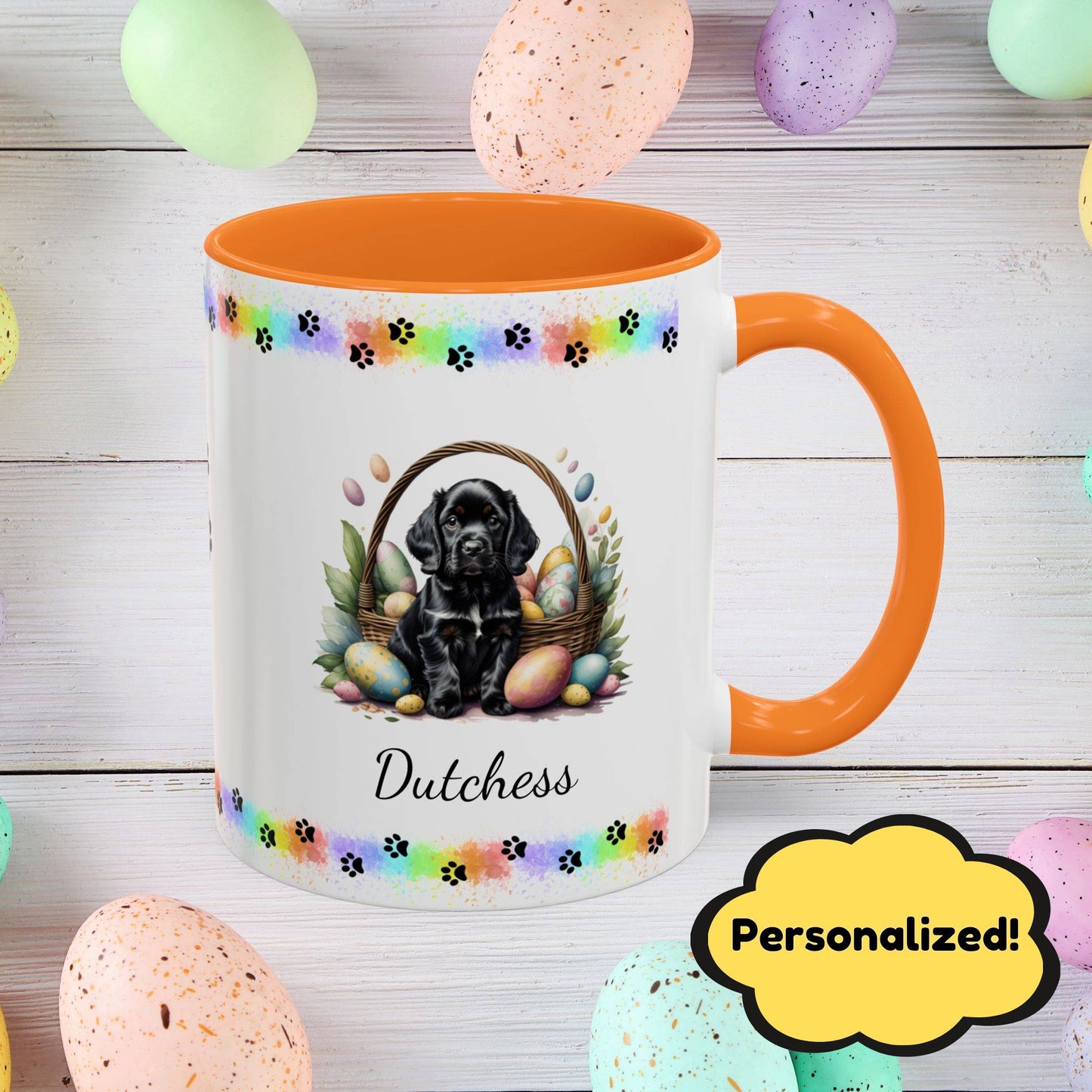 Cocker Spaniel Black personalized Easter puppy mug, cute dog coffee cup gift for mental health awareness