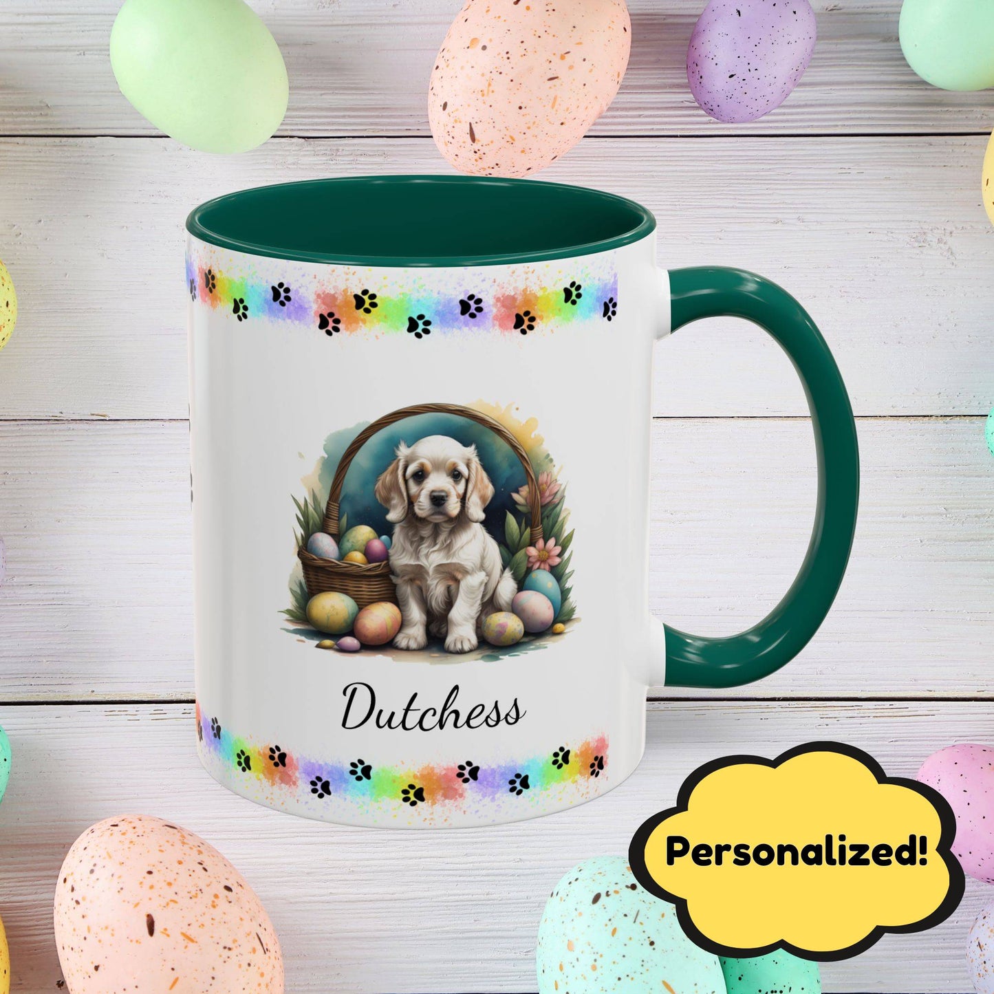 Cocker Spaniel Light Gold personalized Easter puppy mug, cute dog coffee cup gift for mental health awareness