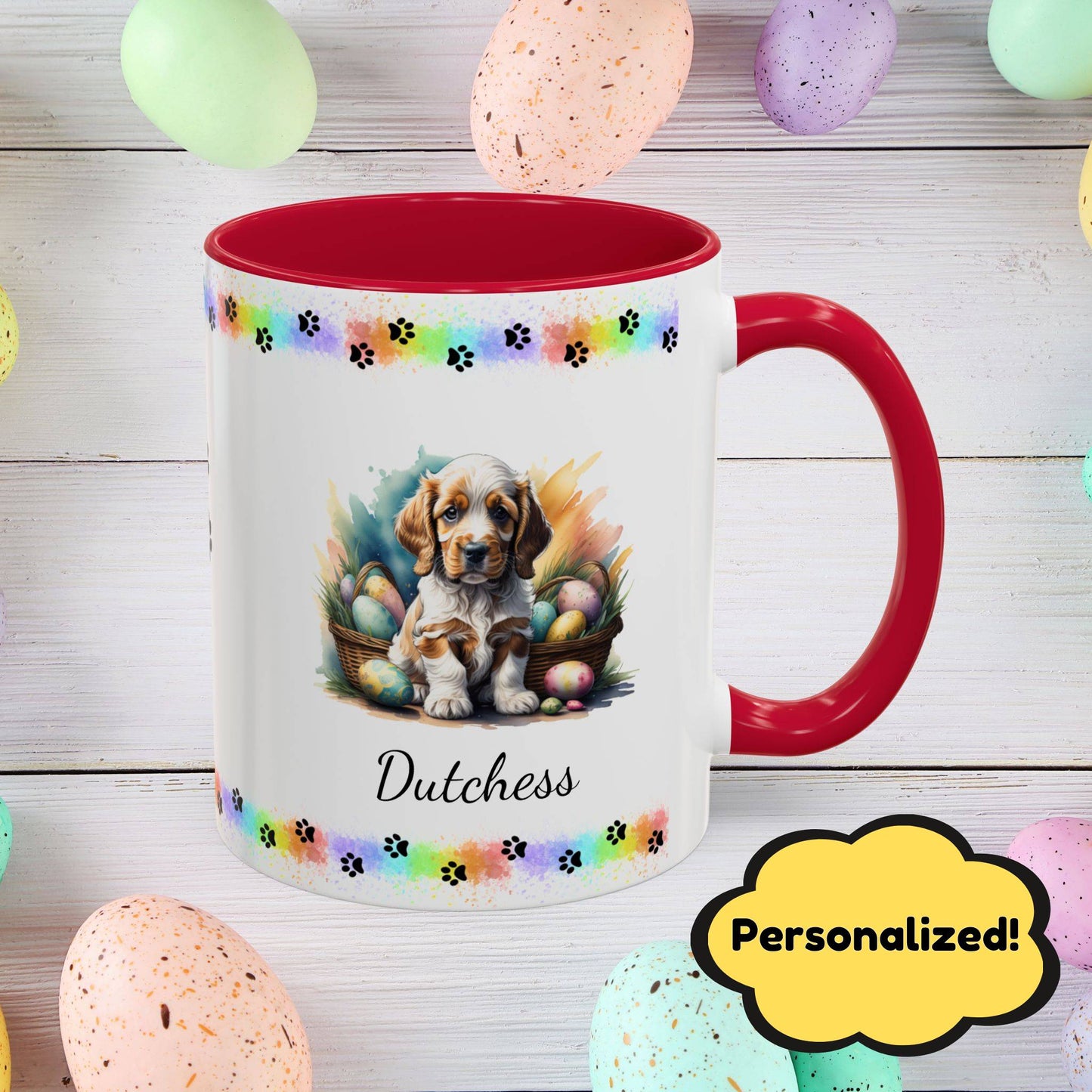 Cocker Spaniel Orange Roan personalized Easter puppy mug, cute dog coffee cup gift for mental health awareness
