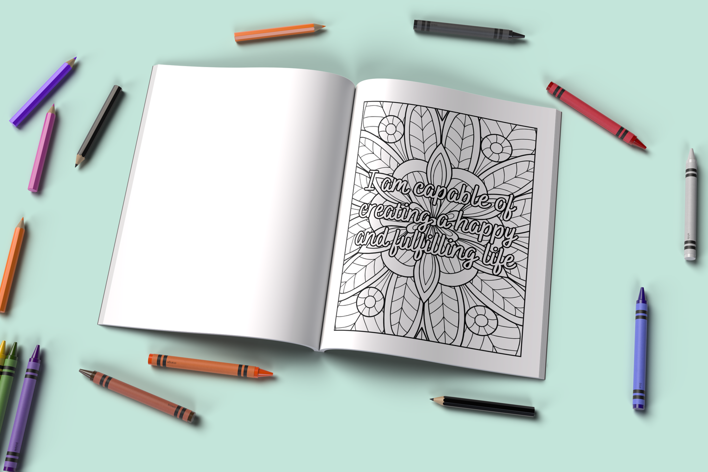 Positivity coloring book with bright designs and uplifting quotes