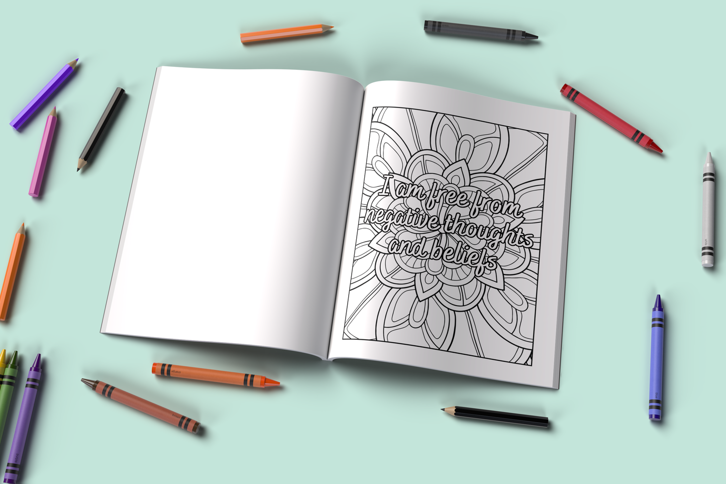Positivity coloring book with bright designs and uplifting quotes