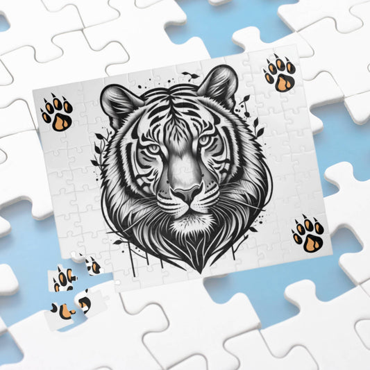 Roaring tiger in vivid jungle scenery, featured on a puzzle designed to inspire boldness and determination