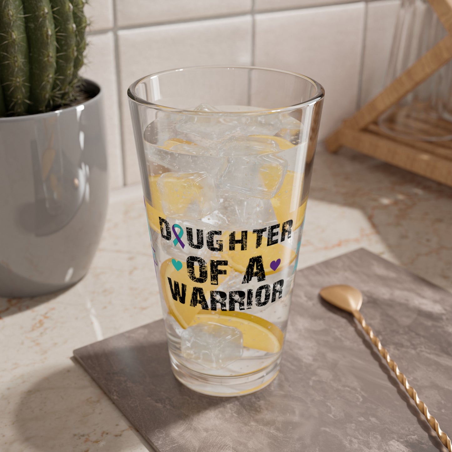 Daughter of a Warrior: Personalized Suicide Prevention Awareness Warrior Pint Glass - Proud Family Member