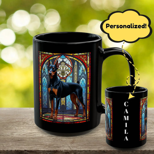 Shop our doberman pinscher black rust personalized mug with stained glass design 11oz 15oz featuring the 15oz style option from MySisterIsASurvivor.