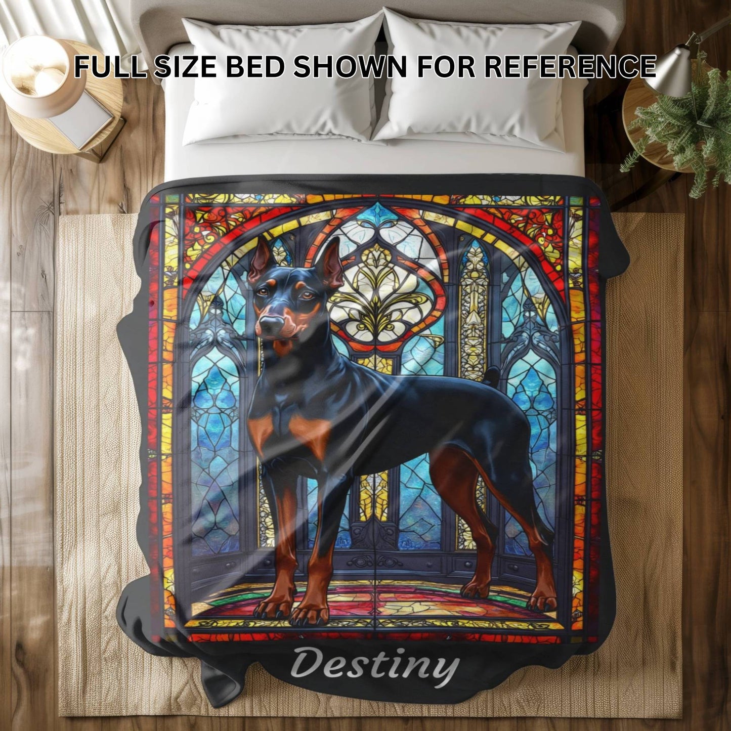 Doberman Pinscher (Black & Rust) Velveteen Plush Stained Glass Dog Blanket, Pet Lover Gift