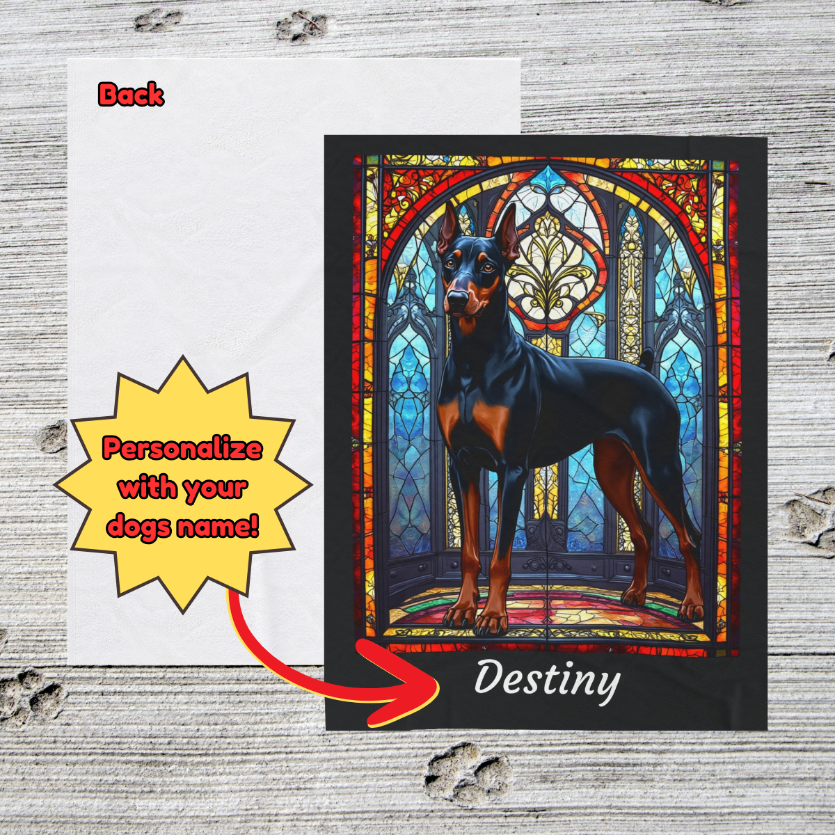 Doberman Pinscher (Black & Rust) Velveteen Plush Stained Glass Dog Blanket, Pet Lover Gift