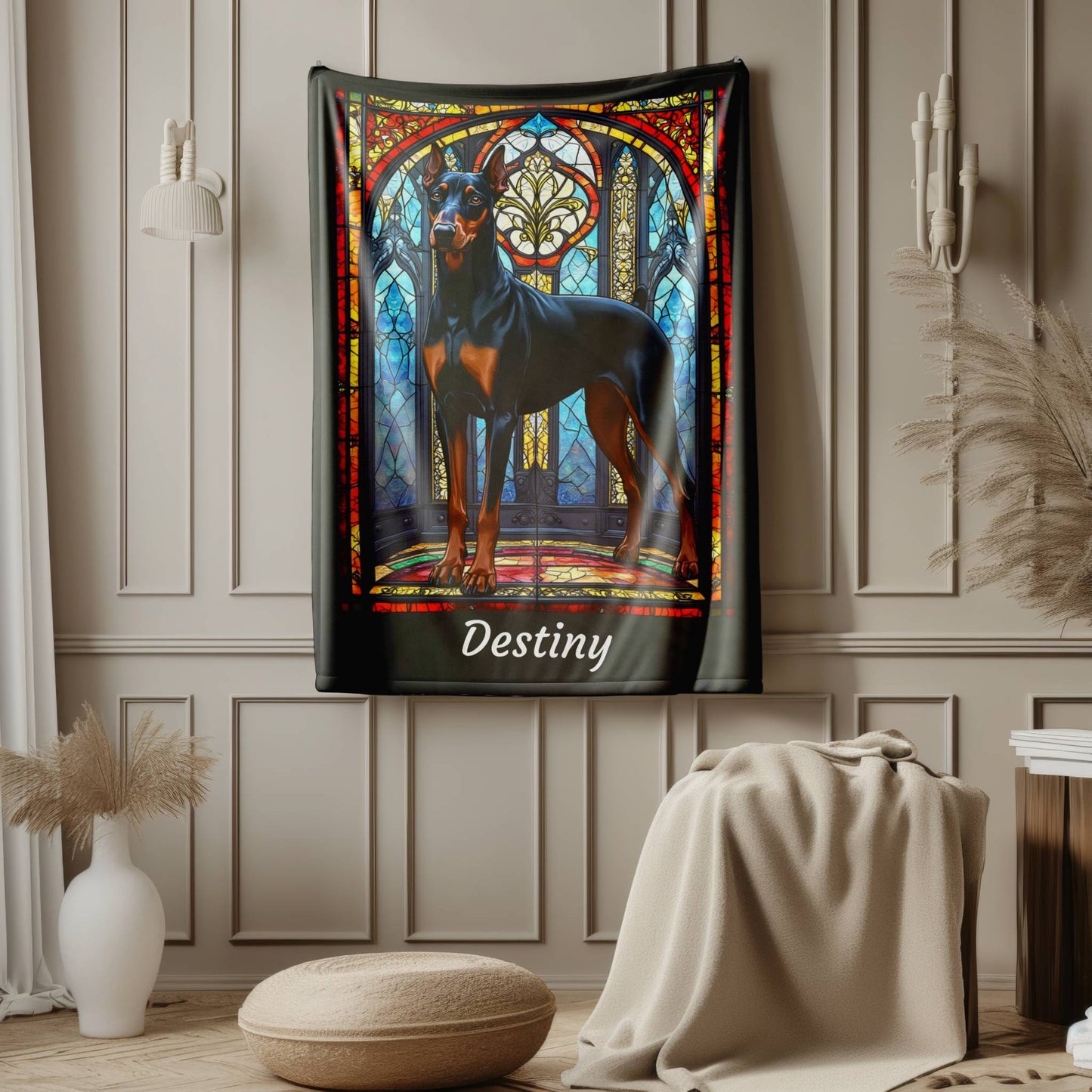 Doberman Pinscher (Black & Rust) Velveteen Plush Stained Glass Dog Blanket, Pet Lover Gift