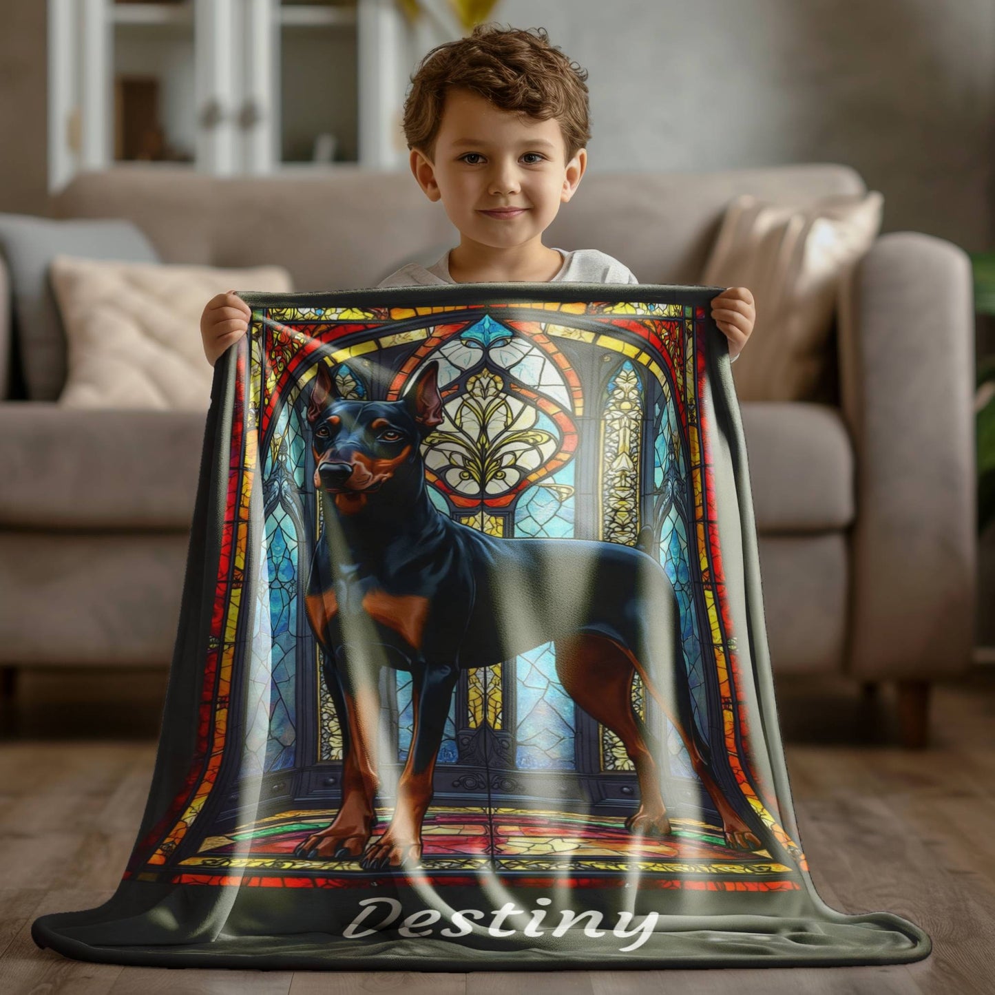 Doberman Pinscher (Black & Rust) Velveteen Plush Stained Glass Dog Blanket, Pet Lover Gift