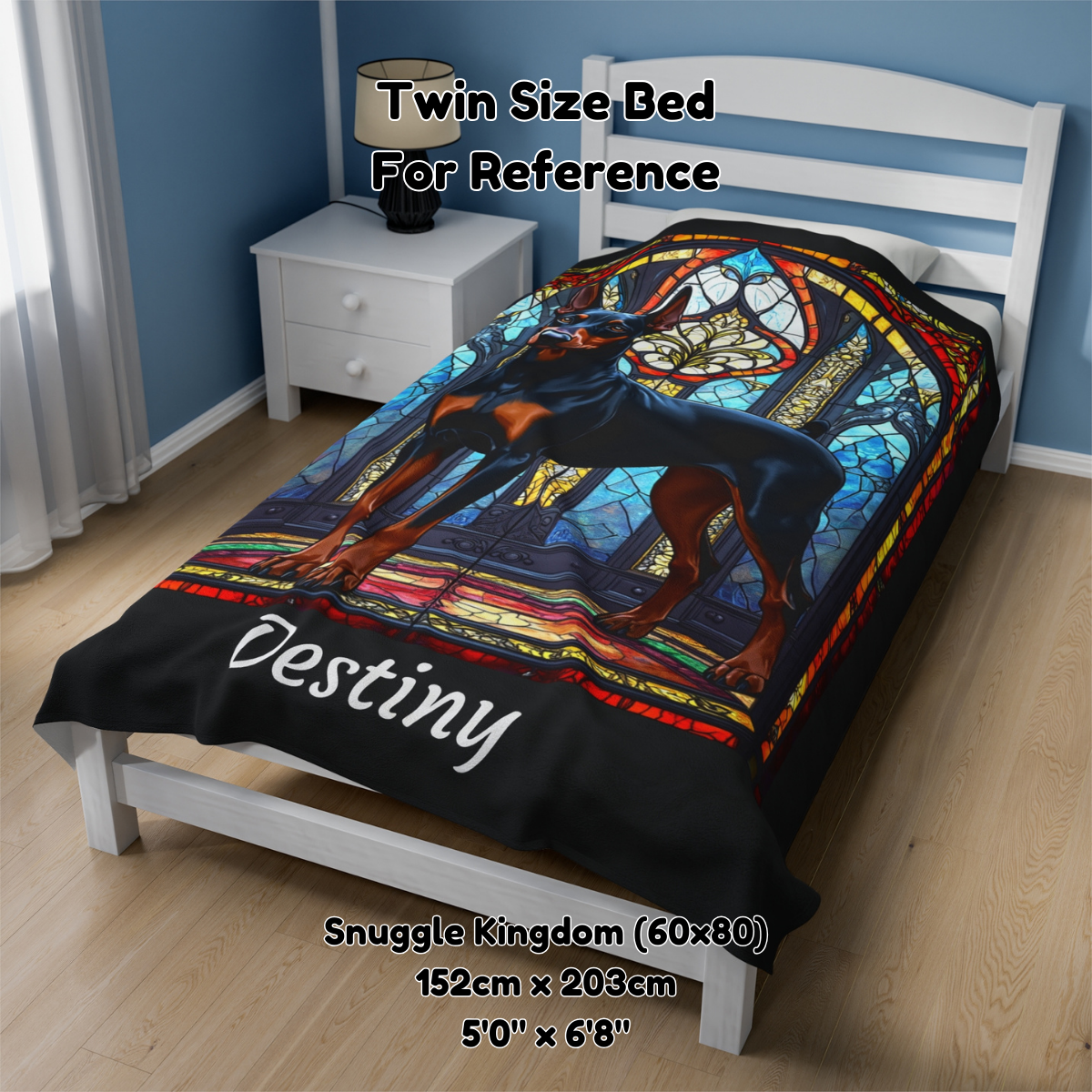 Doberman Pinscher (Black & Rust) Velveteen Plush Stained Glass Dog Blanket, Pet Lover Gift