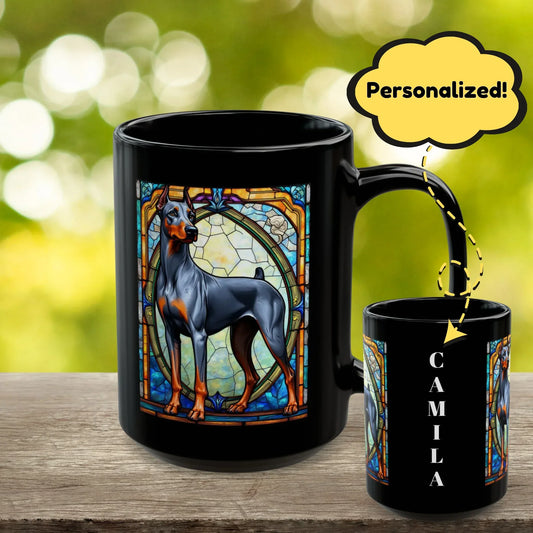 Shop our doberman pinscher blue rust personalized mug with stained glass design 11oz 15oz featuring the 15oz style option from MySisterIsASurvivor.