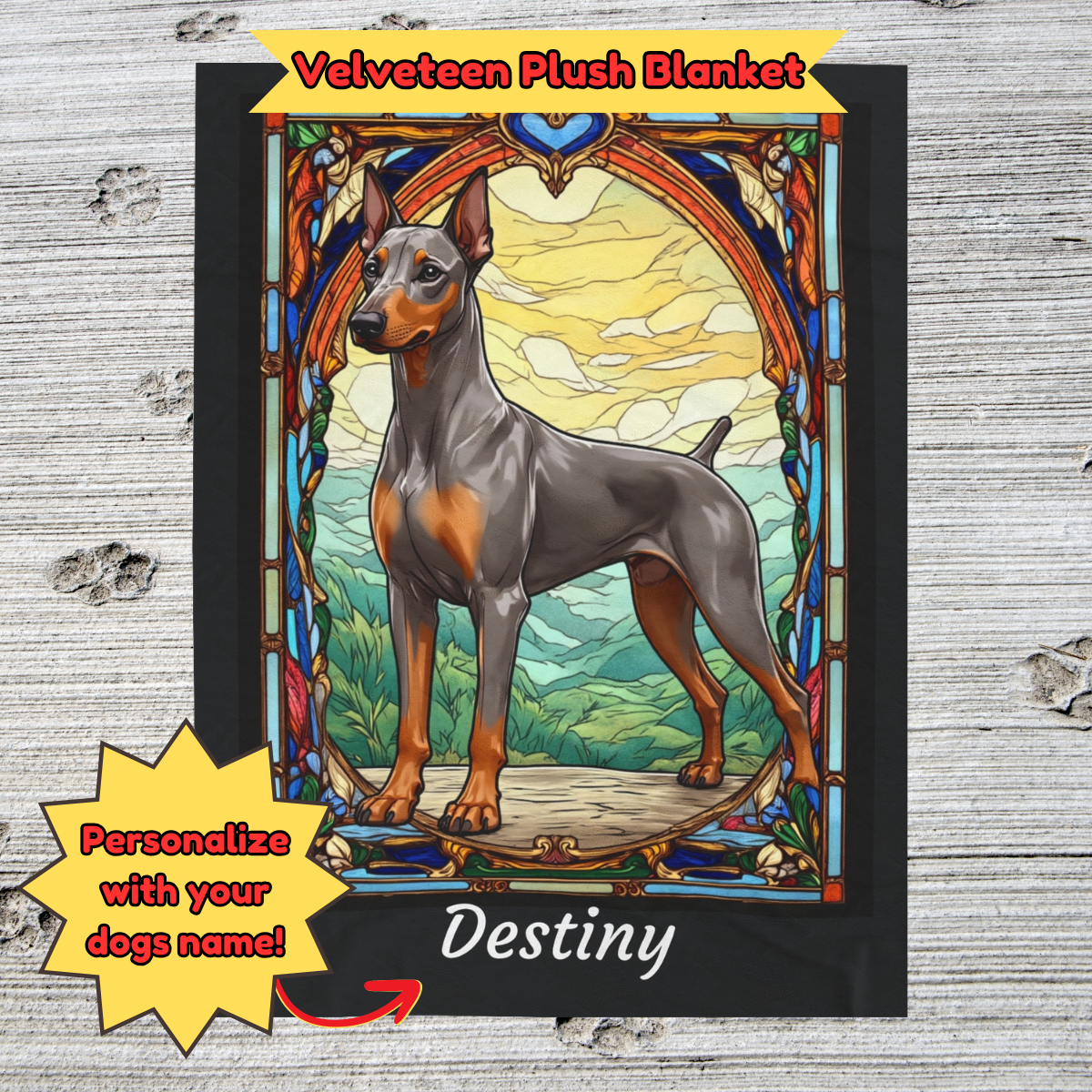 Doberman Pinscher (Fawn/Isabella & Rust) Velveteen Plush Stained Glass Dog Blanket, Pet Lover Gift