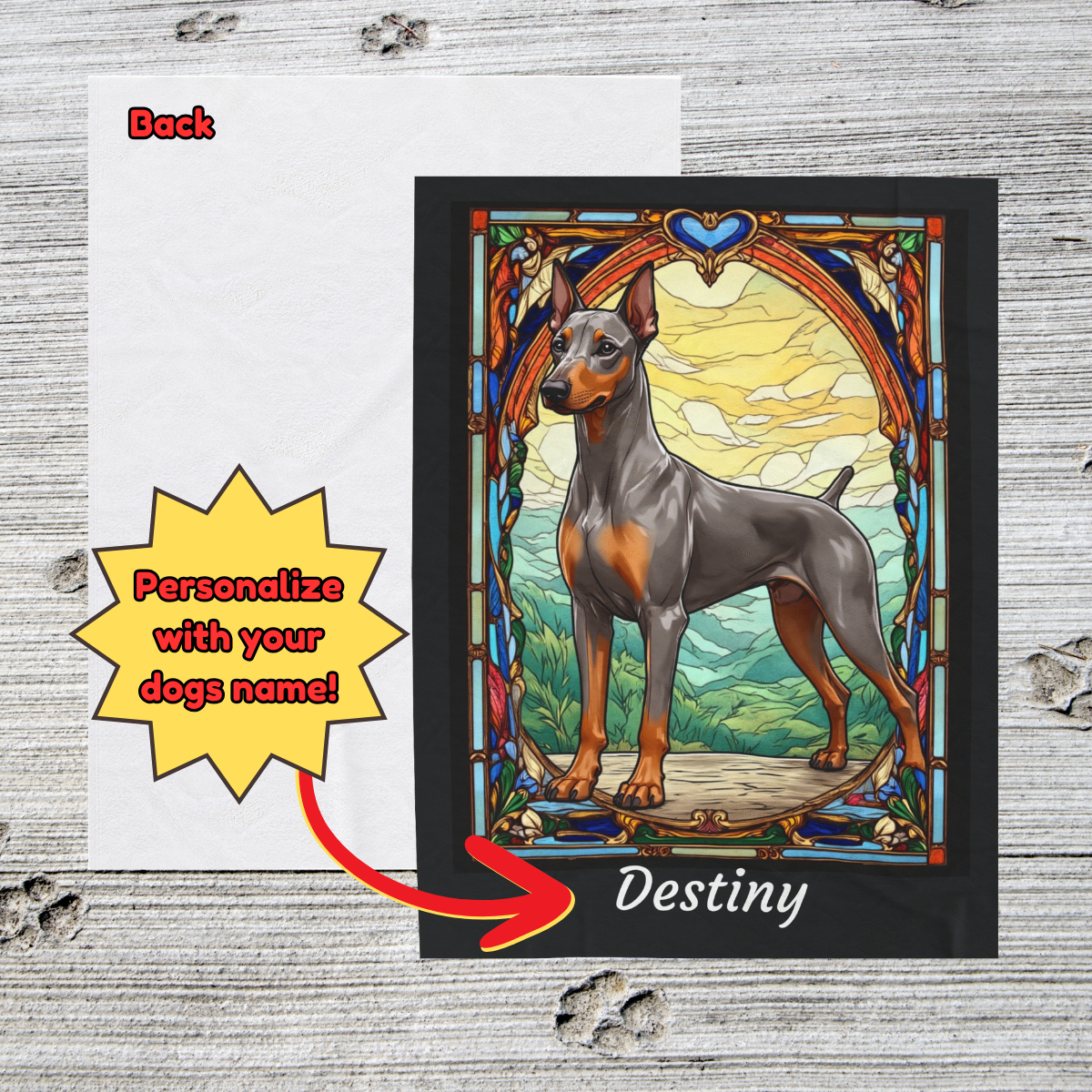 Doberman Pinscher (Fawn/Isabella & Rust) Velveteen Plush Stained Glass Dog Blanket, Pet Lover Gift