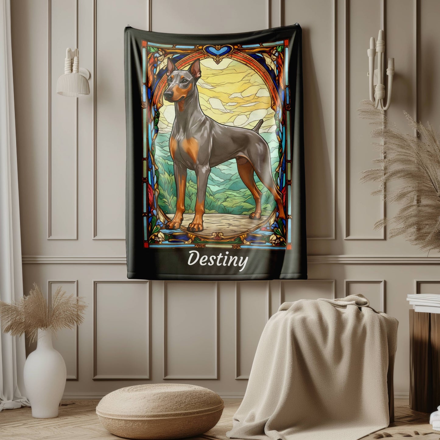 Doberman Pinscher (Fawn/Isabella & Rust) Velveteen Plush Stained Glass Dog Blanket, Pet Lover Gift