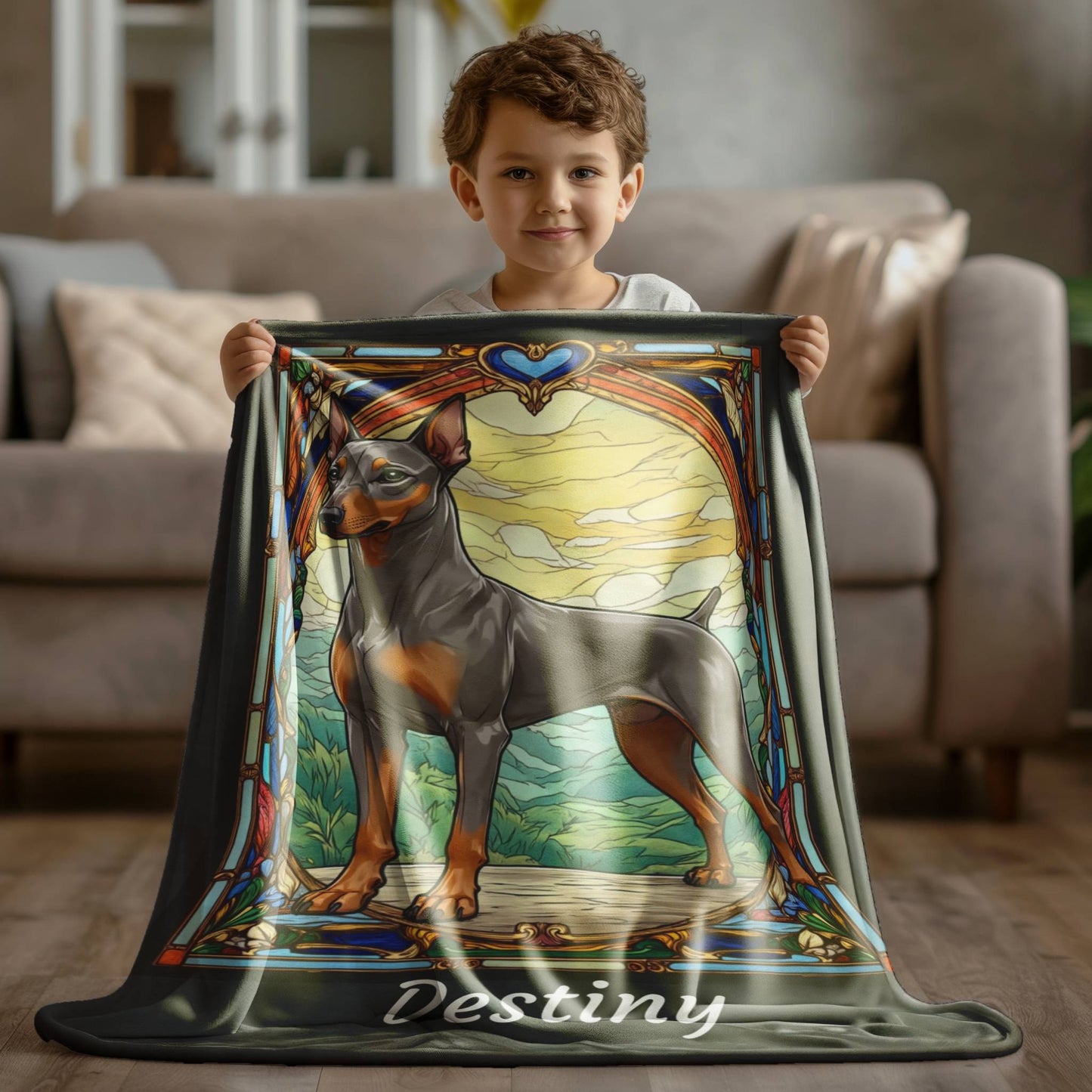 Doberman Pinscher (Fawn/Isabella & Rust) Velveteen Plush Stained Glass Dog Blanket, Pet Lover Gift
