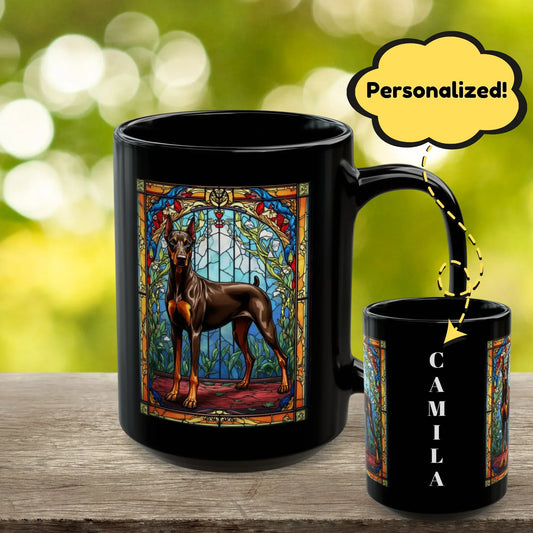 Shop our doberman pinscher red rust personalized mug with stained glass design 11oz 15oz featuring the 15oz style option from MySisterIsASurvivor.