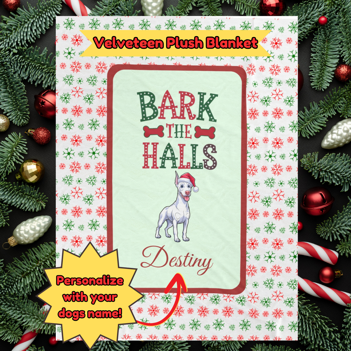 Doberman Pinscher (White) Personalized Velveteen Plush Blanket - "Bark The Halls" | Cozy Holiday Gift for Dog Lovers