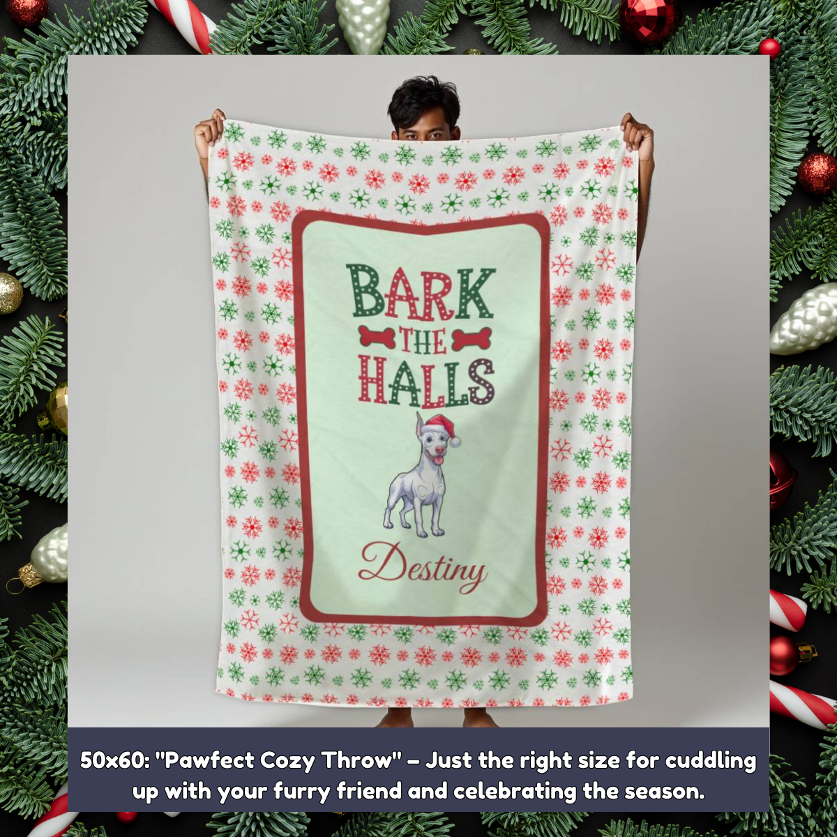 Doberman Pinscher (White) Personalized Velveteen Plush Blanket - "Bark The Halls" | Cozy Holiday Gift for Dog Lovers