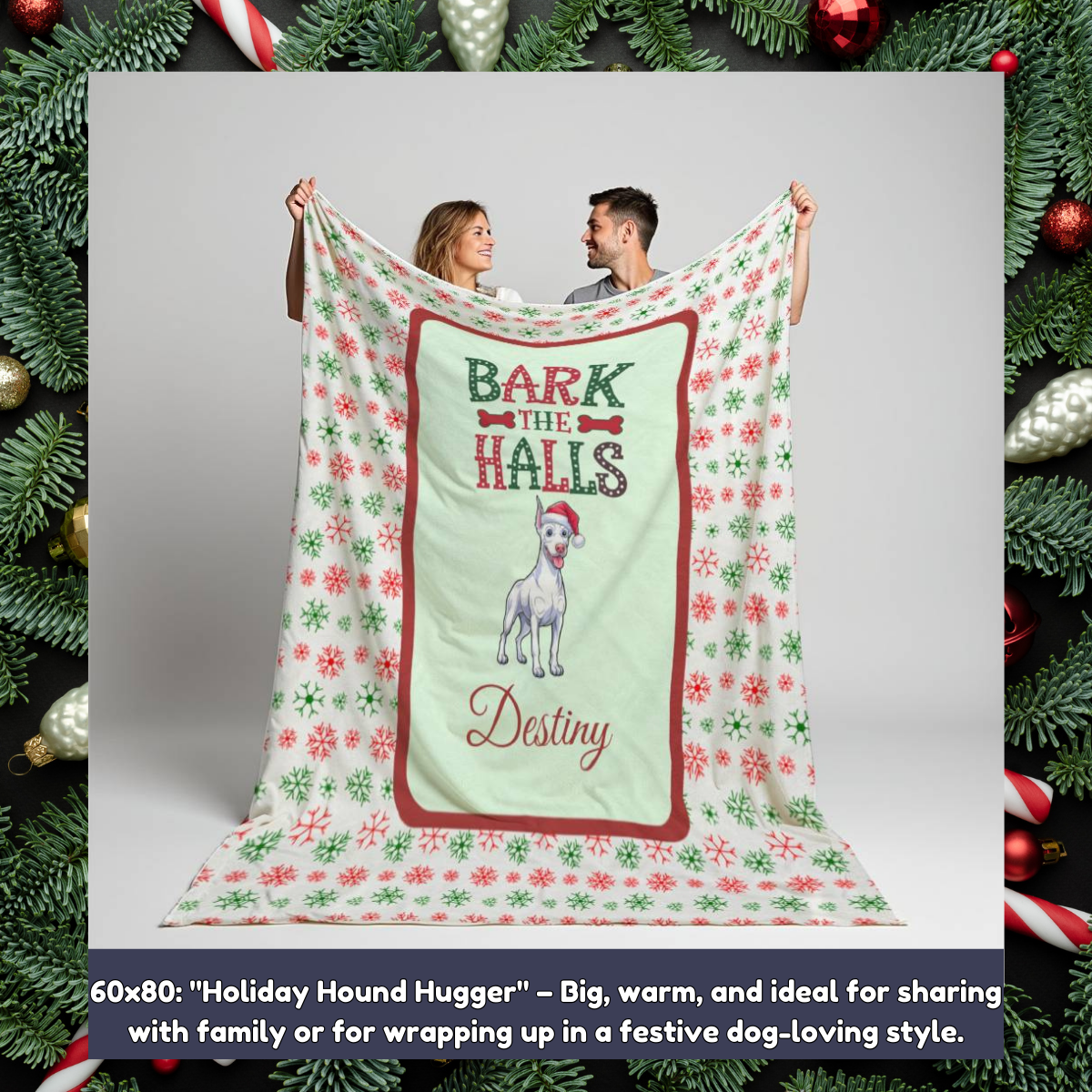 Doberman Pinscher (White) Personalized Velveteen Plush Blanket - "Bark The Halls" | Cozy Holiday Gift for Dog Lovers