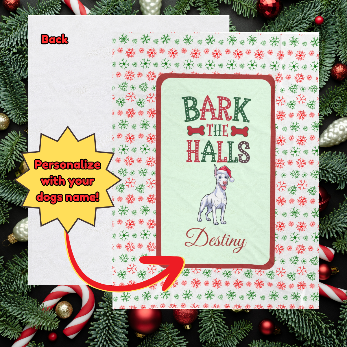 Doberman Pinscher (White) Personalized Velveteen Plush Blanket - "Bark The Halls" | Cozy Holiday Gift for Dog Lovers