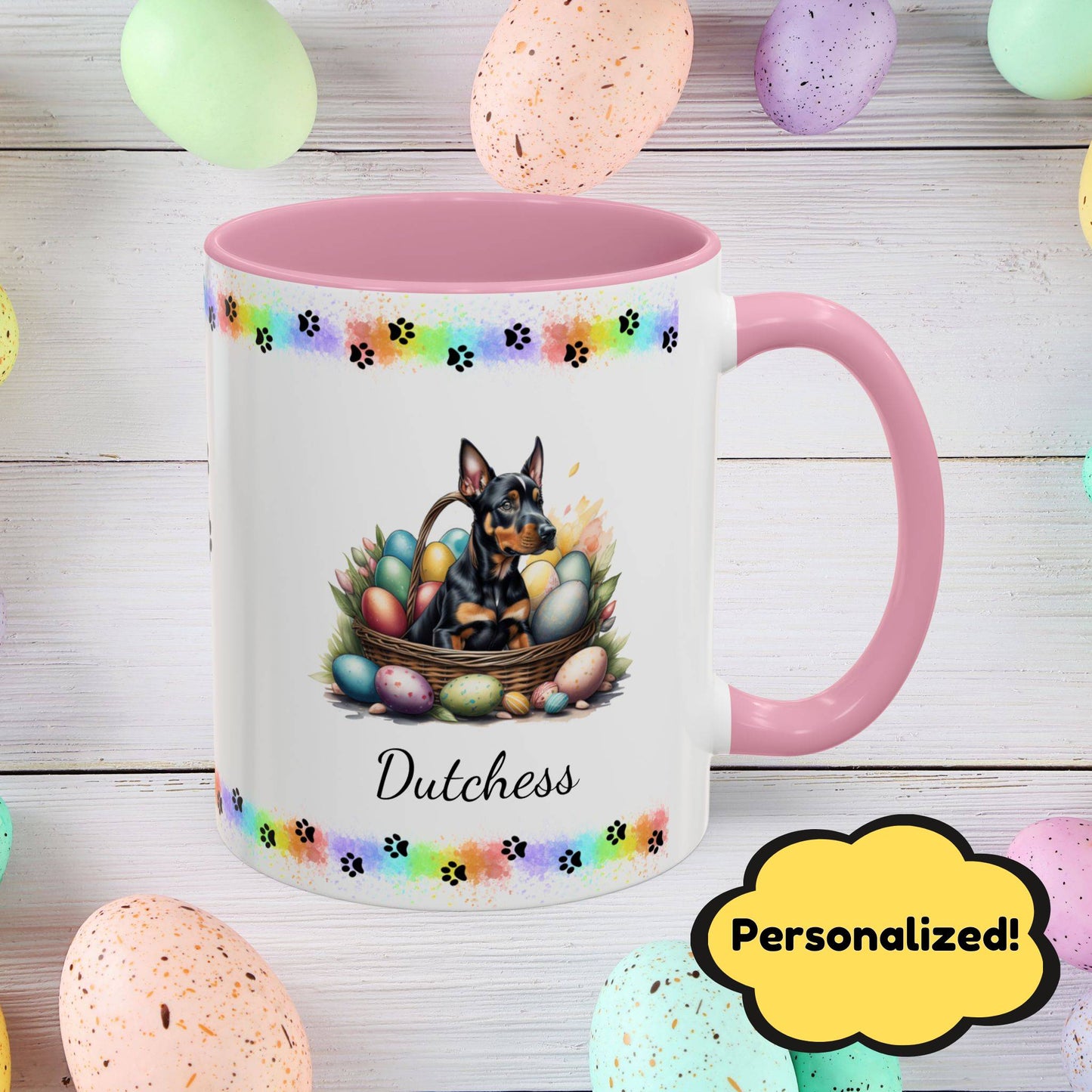 Doberman personalized Easter puppy mug, cute dog coffee cup gift for mental health awareness and comfort